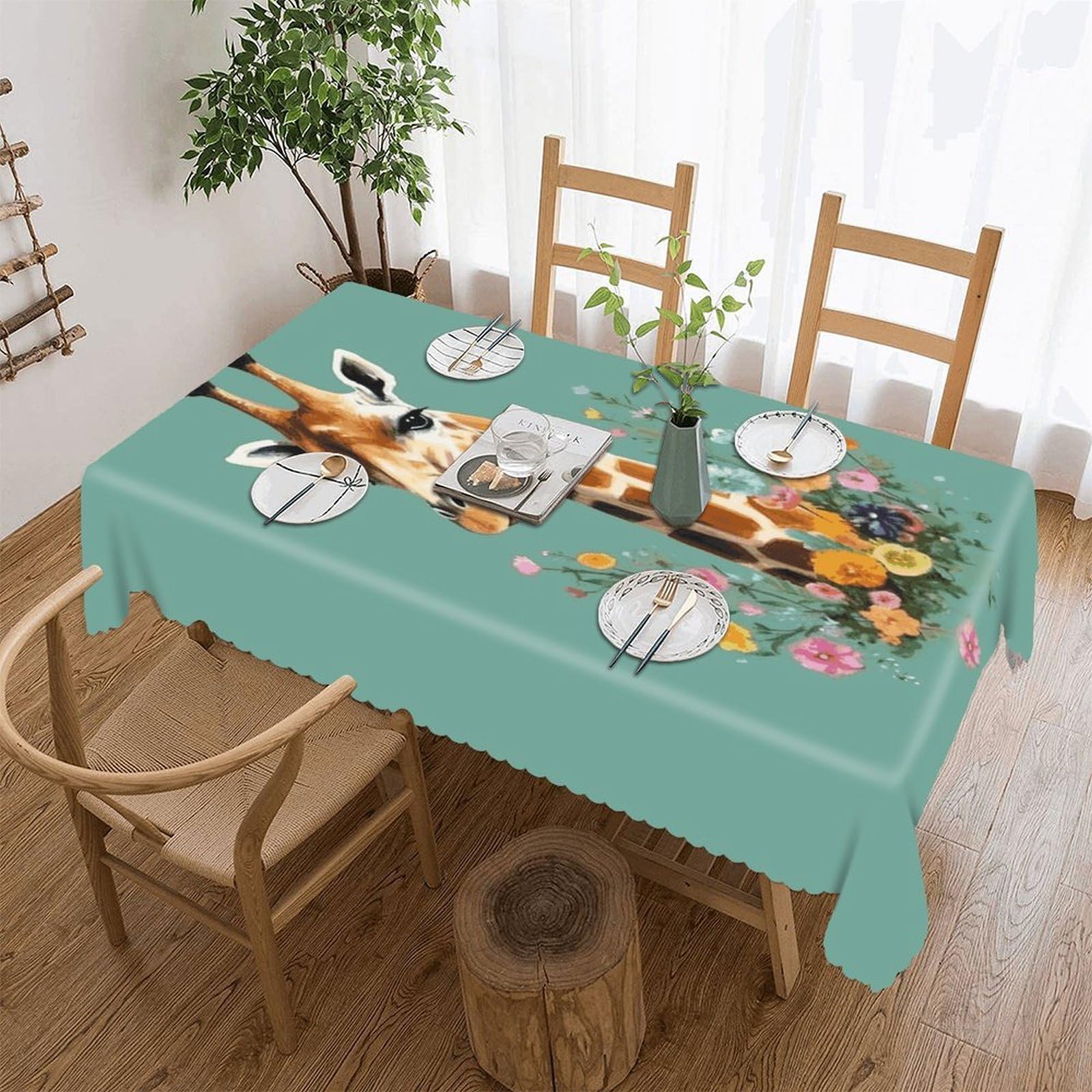 Fekiloot Style Giraffe With Flowers Tablecloths Heavy Duty Washable Fabric,Birthday Tablecloth-Wavy Edge Design,Polyester Table Cloth For Restaurant,Picnic,Indoor And Outdoor Dining60 X120