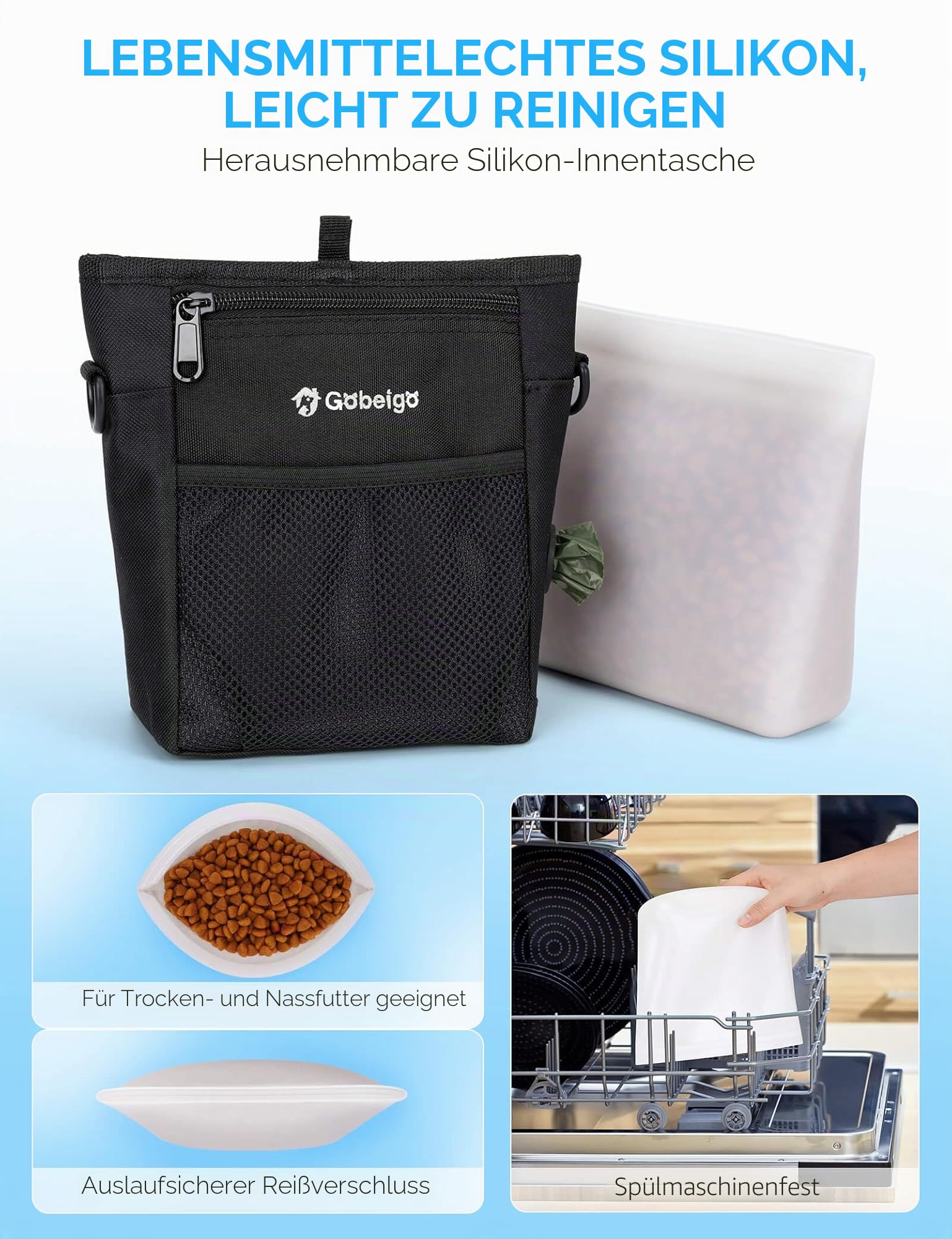 Gobeigo【Version mit Silikon-Einsatz】Hundeleckerli-Beutel mit Trainings-Clicker, 2-facher Magnetverschluss, 2 Tassen Bauchtasche für Spaziergänge mit Kotbeutelspender, Metallgürtelclip und Hüftgurt (L)