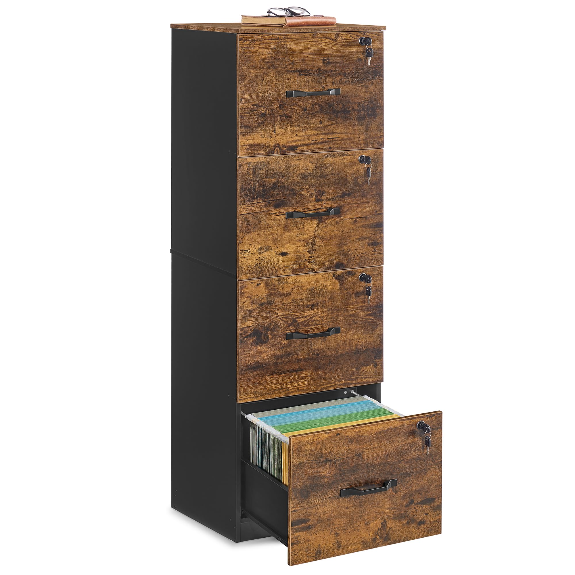VASAGLE 4-Drawer Vertical File Cabinet, Filing Cabinet for Home Office, Printer Stand, with 4 Lockable Drawers, Adjustable Hanging Rail, for A4 and Letter-Size Files, Rustic Brown UOFC082K01