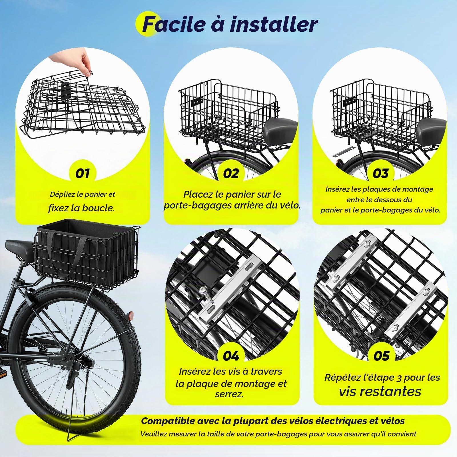 Panier de vélo arrière Pliable avec Poche intérieure Amovible, Housse imperméable, Couvercle en Filet, Porte-Bagages arrière, Panier de Cadre pour Le Transport des Animaux de Compagnie et des achats