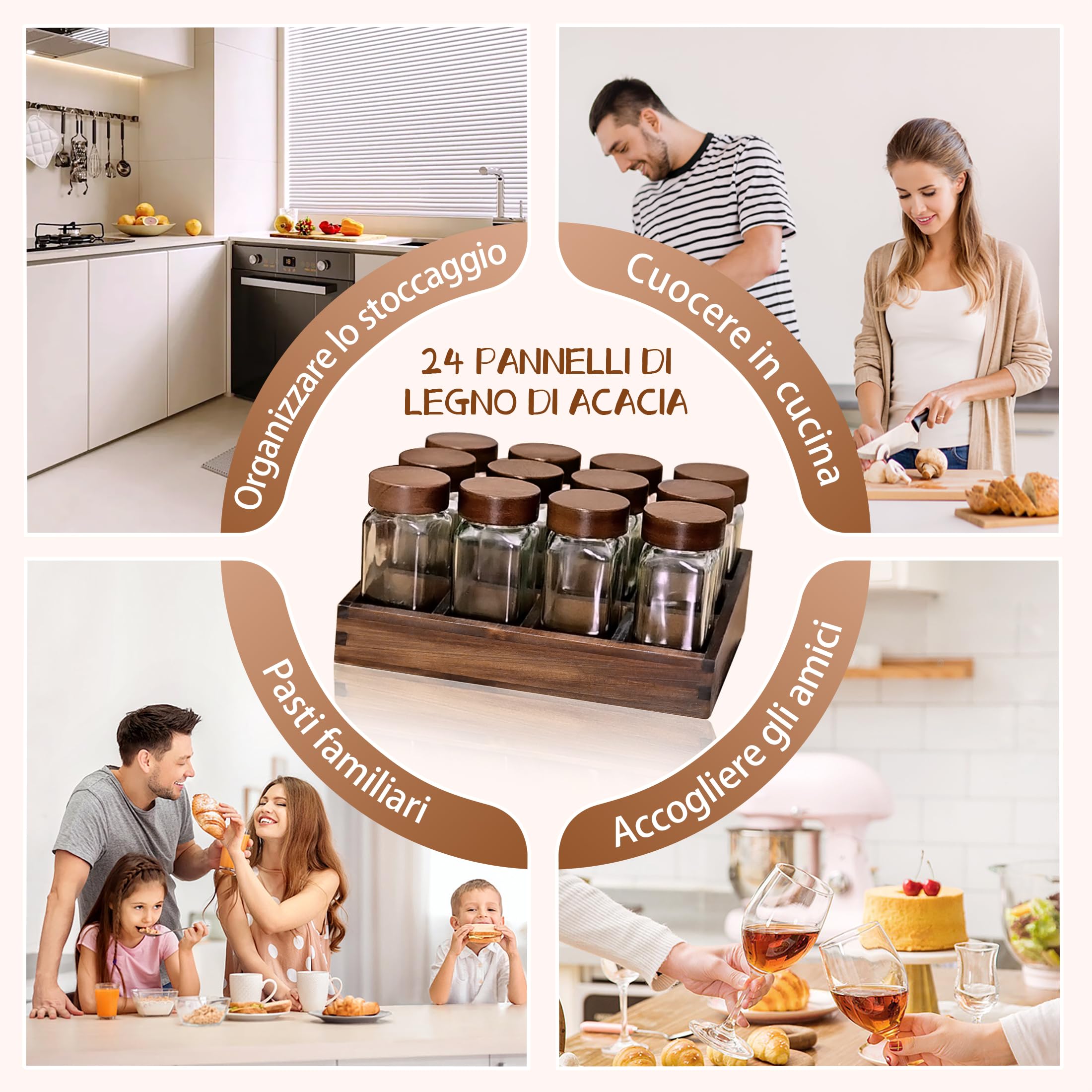 SAEIV Porta Spezie per Cucina Salva Spazio Portaspezie Salvaspazio 12 Barattoli Vassoio Legno Acacia Vetro Borosilicato Non Bruci Più la Pasta Piano/Cassetto Imbuto Inox+120 Etichette