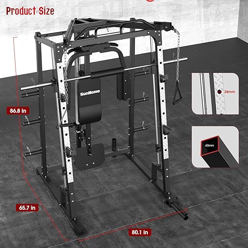 Miniatura 3 de SunHome Smith Machine, jaula de potencia de 2000 libras con barra Smith, dos sistemas de tracción LAT, máquina cruzada de cables y más accesorios de