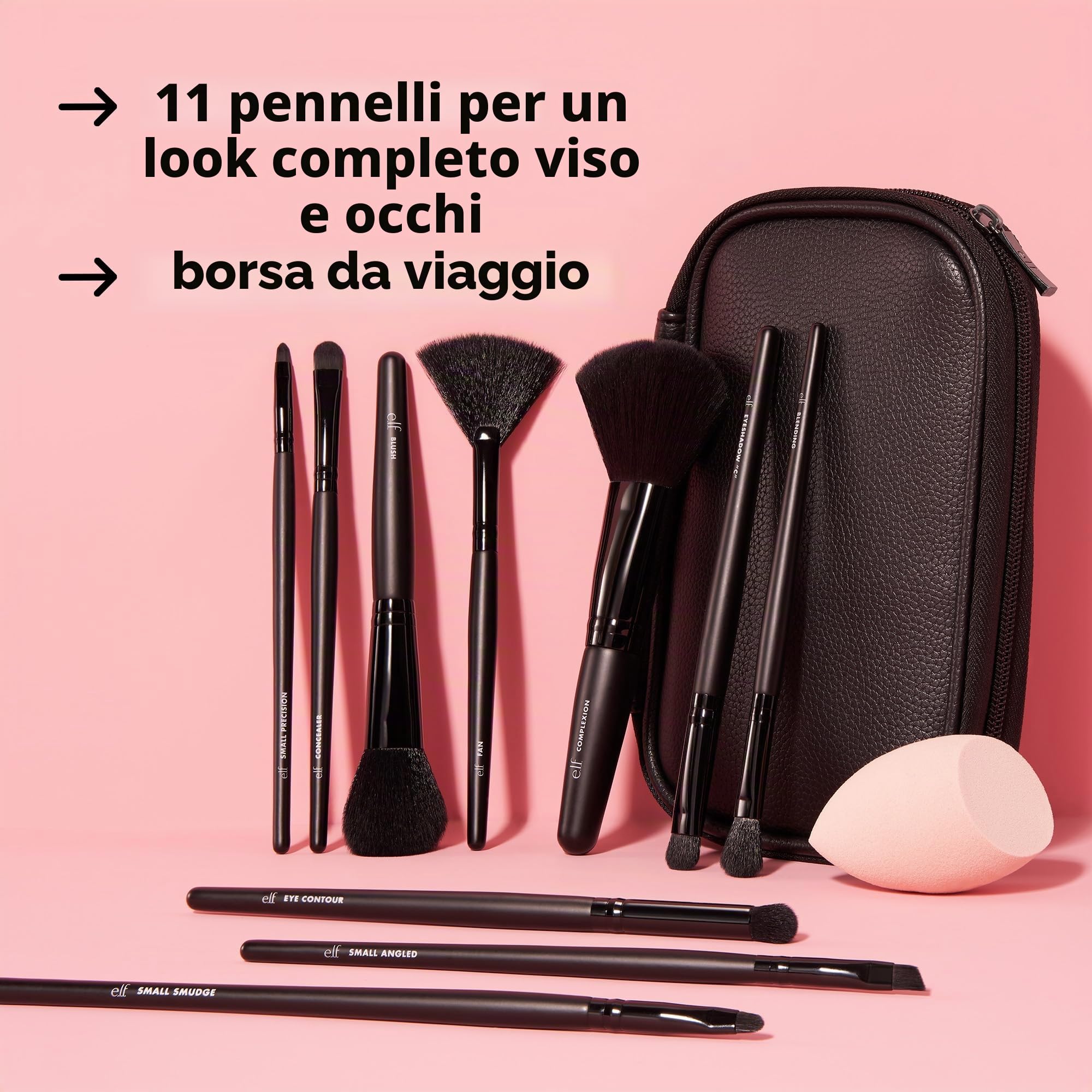 e.l.f. Full Face & Eye Makeup Brush Set, 11 pennelli make-up per fondotinta, bronzer, ombretto e altro, prodotto vegano e non testato sugli animali