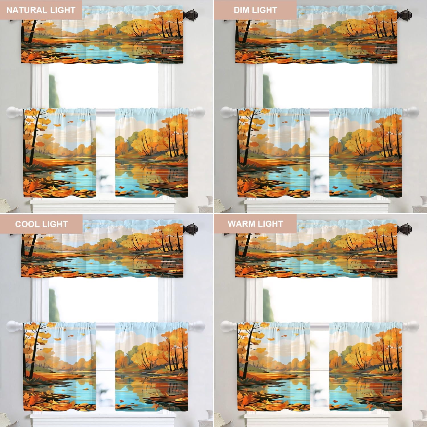 Shrahala Autumn Lake Landscape Tier Curtains for Kitchen Windows, Yellow Forest Falling Leaves Window Curtain Panels Multilayer Polyester Blackout for Living Room Bathroom 2 Pack 26 x 24 in