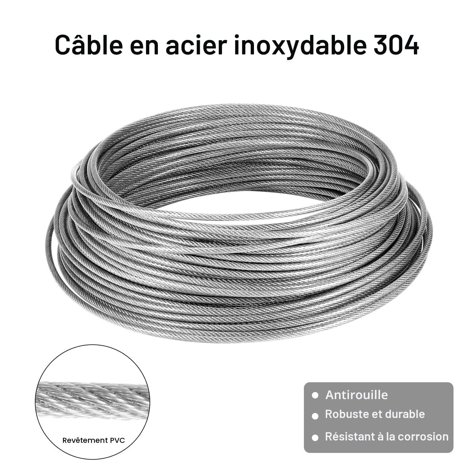 Kit de Suspension 30m en Acier Inoxydable - Câble 3mm Enduit de PVC Avec Tendeur M5 et Crochets - Pour Linge, Lumière, Plante Grimpante, Rambarde