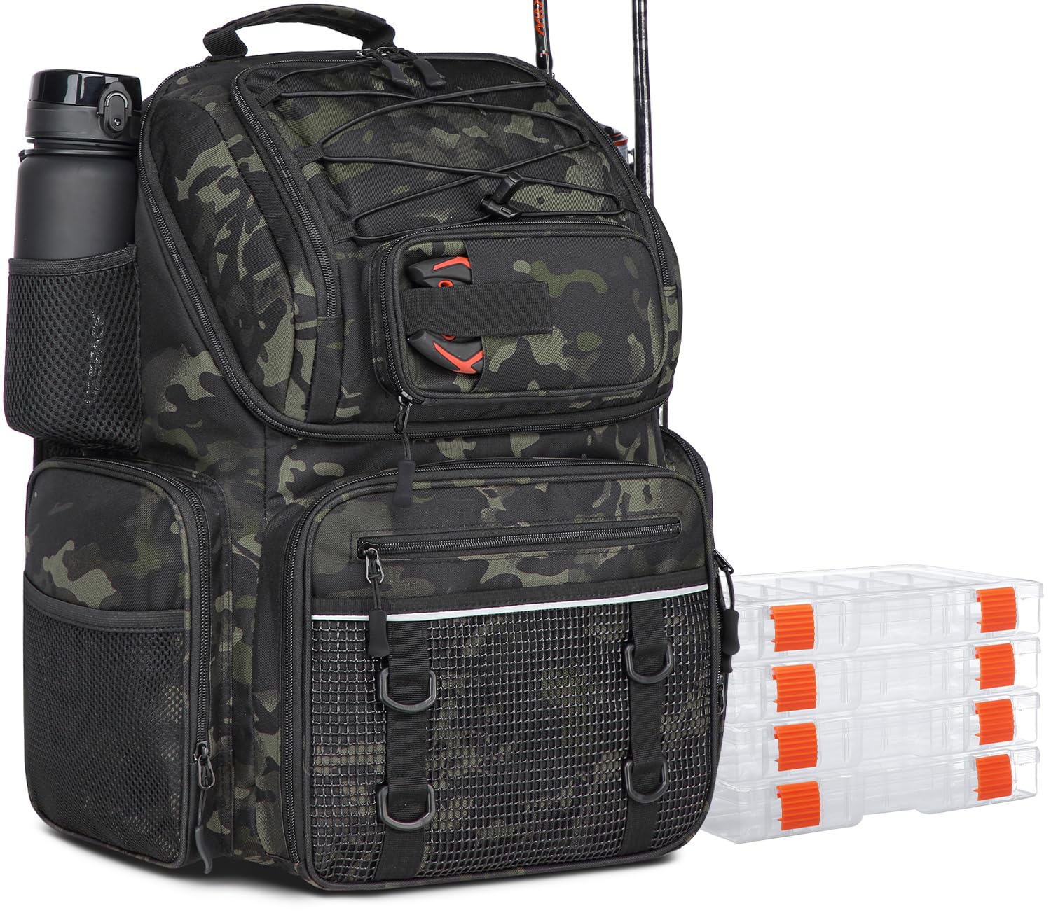 Mochilas Pesca con 4 Cajas Lure Bolsa de Pesca de 50L con Compartimento Frigorífico Resistente al Agua Grande (Camo)