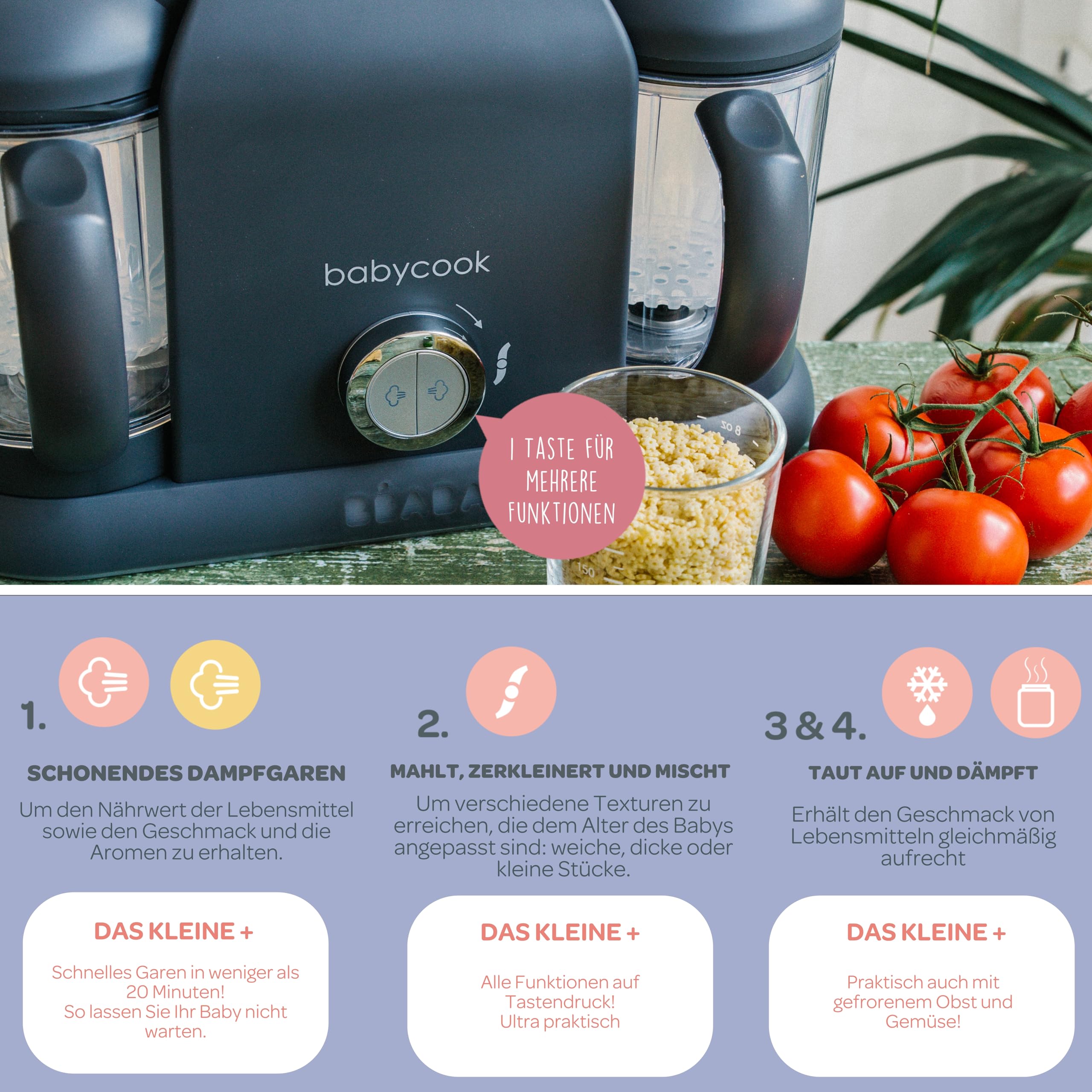 Béaba Babycook Duo Küchenmaschine 4 in 1 Mixer Schnelldampf 15 min Diversifizierung Lebensmittel Kleine Töpfe Baby Haus XXL Inhalt 2200 ml Dark Grey, 912952, Dunkelgrau