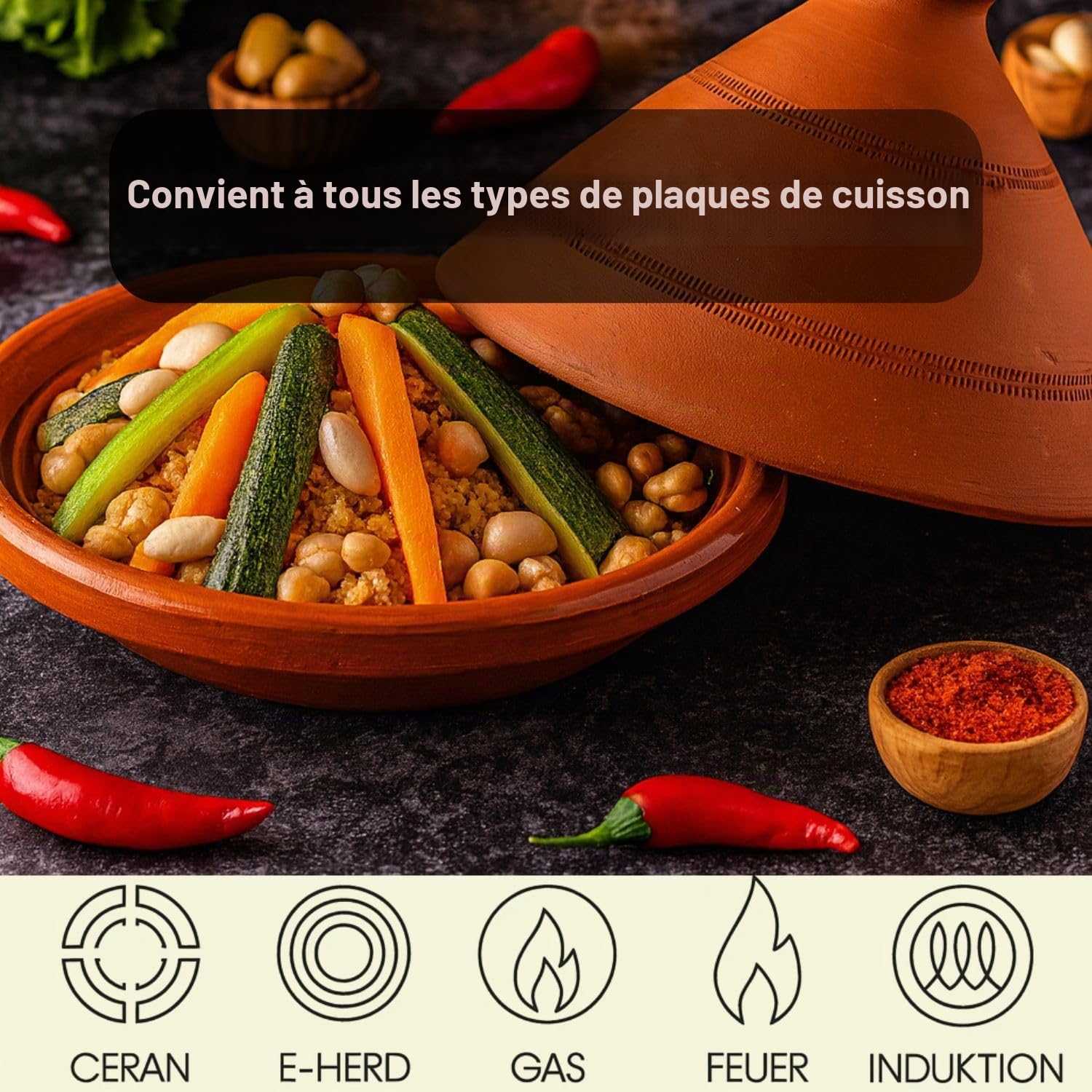 Plat à tajine artisanal Ø 30 cm + livre de recettes (français non garanti)