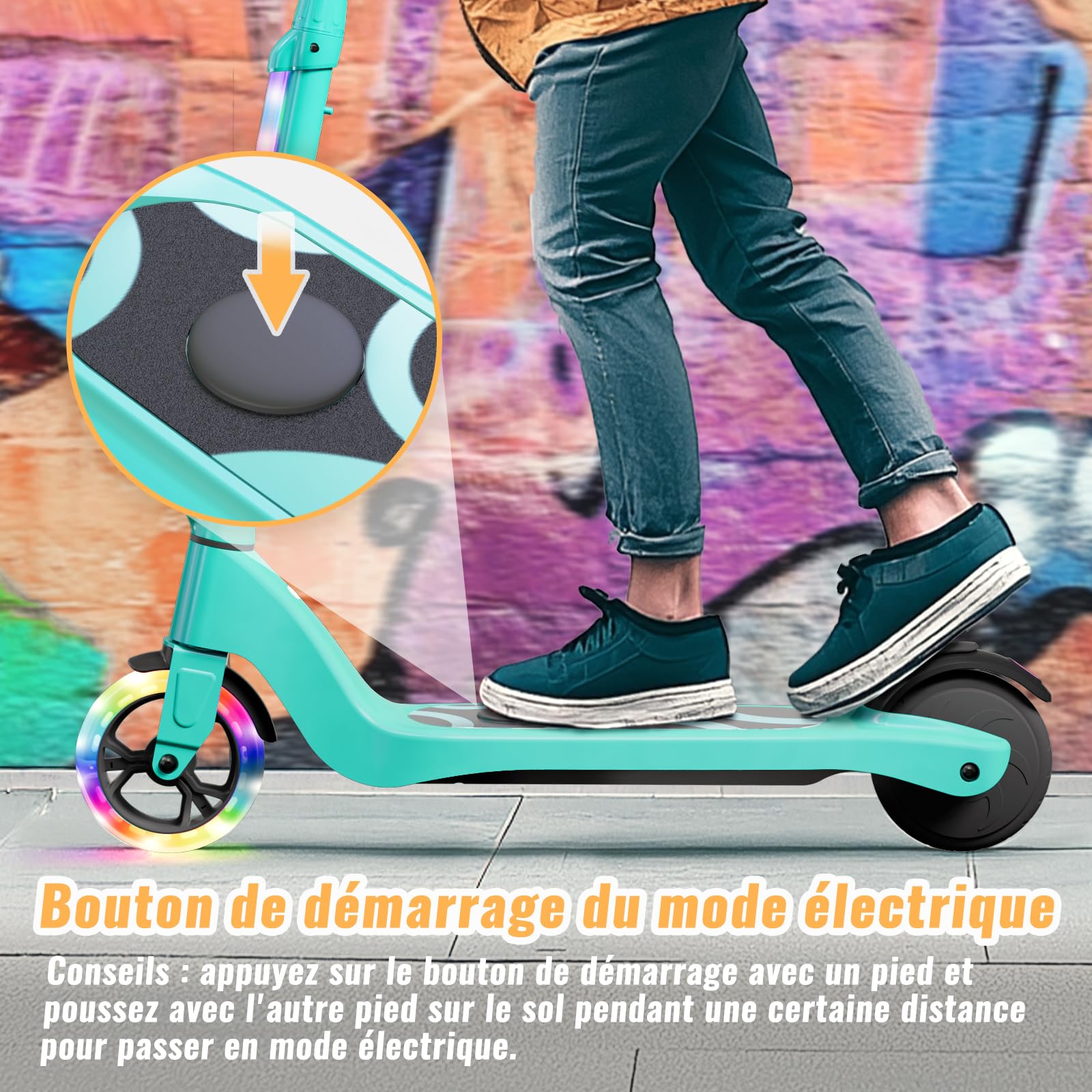 TST - Patinete eléctrico para niños de 6 a 8 a 10 años con luz LED Colorida y 3 Alturas Ajustables, 5,3 Pulgadas, Scooter eléctrico para niños, Carga máxima 70 kg, Velocidad máxima 10 km/h, autonomía