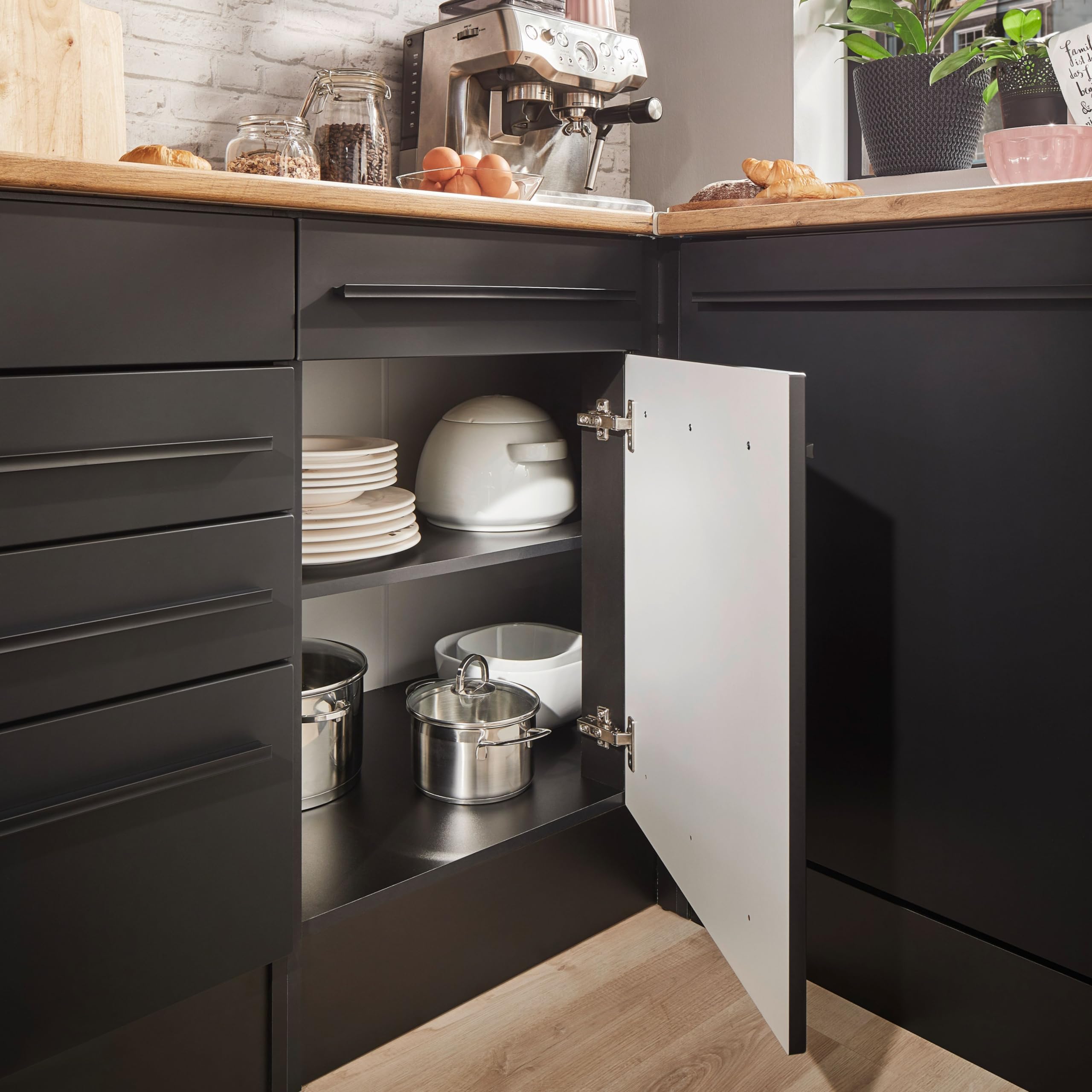 Jazz Moderner Eckschrank Küche mit Arbeitsplatte in Schwarz matt, Lanzelot Eiche Optik - Geräumiger Eck-Unterschrank mit viel Stauraum - 115 x 90 x 60 cm (B/H/T)