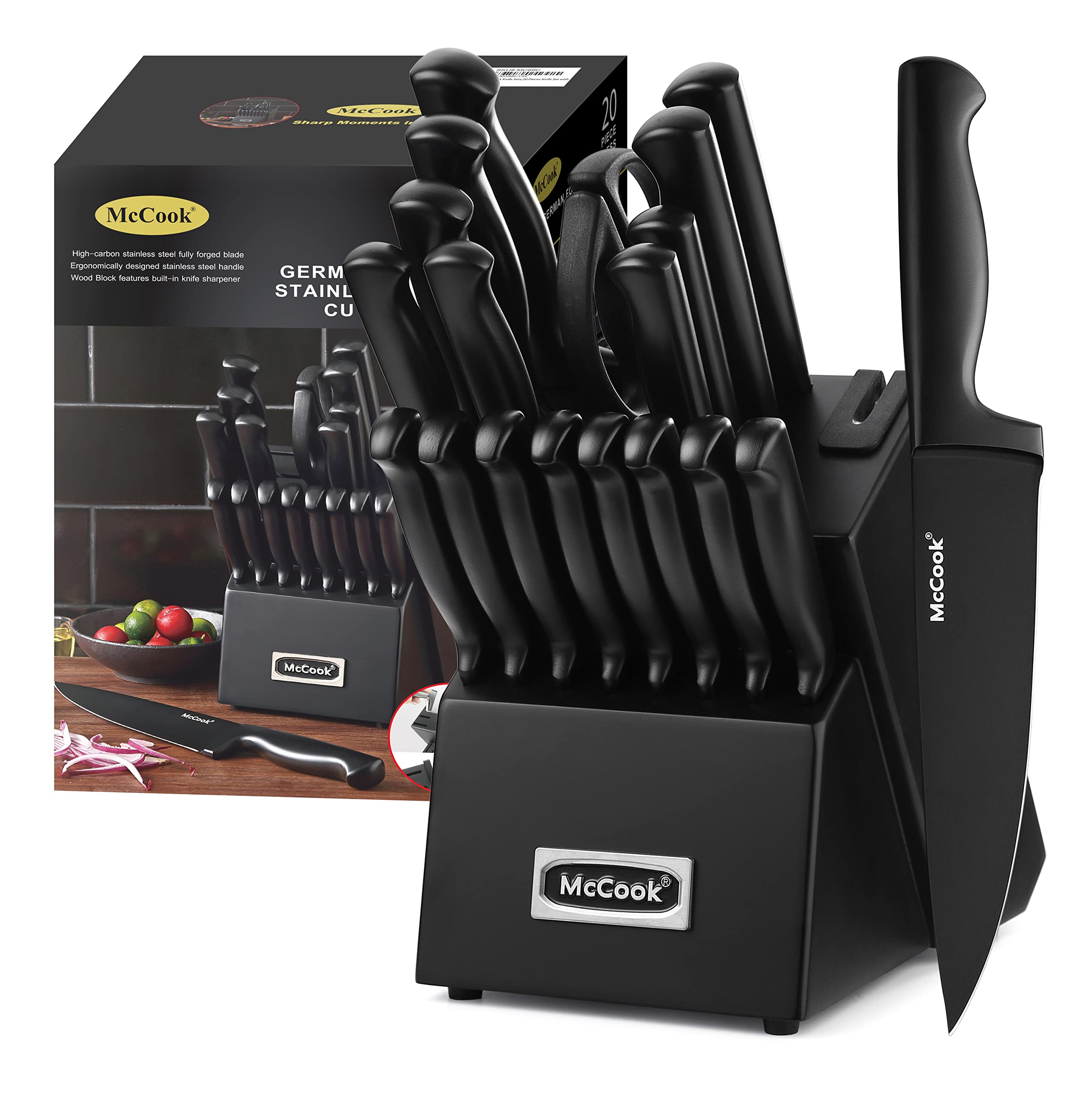 McCook® Premium Black Knife Sets,German Stainless Steel Kitchen Knives Block Set with Built-in SharpenerMcCook® Premium Black Knife Sets,German Stainl…