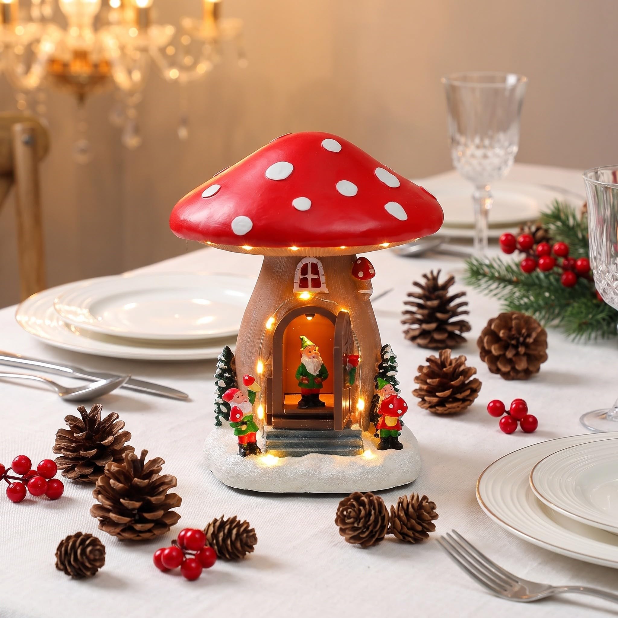 OUNONA Beleuchtete Weihnachtspilzhaus-Spieluhr, Wichtelfigur als Geschenk