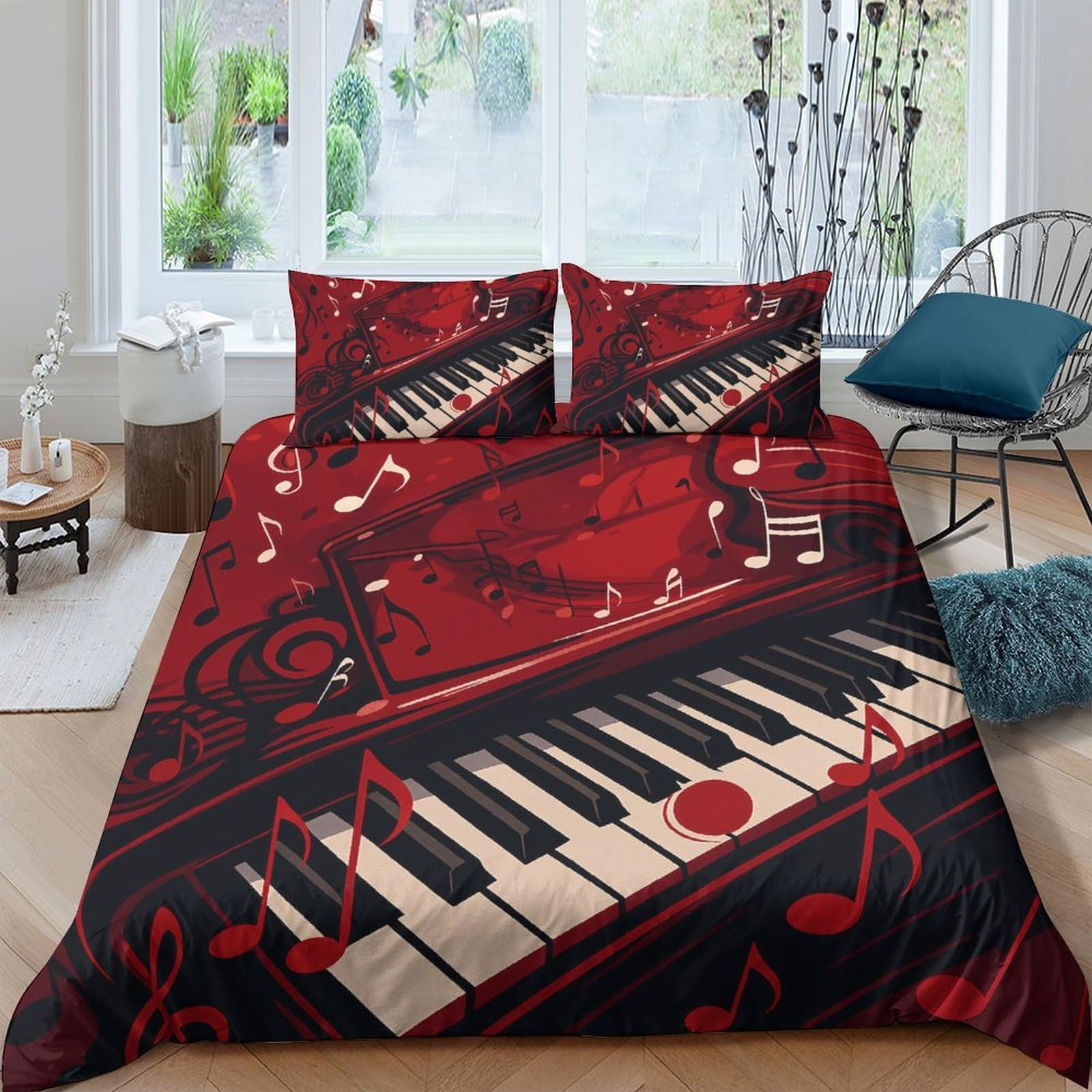 Ctjqhvkz Style-5 3D Printed Red Piano Fitted Sheet Microfiber Soft Musical Notes Bed Cover Non Slip Machine Washable For Bedroom Decor Single（135X200cm）