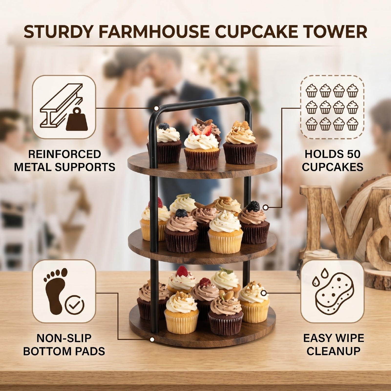Alzata per Cupcake in Legno a 3 Livelli per 50 Cupcake, Espositore