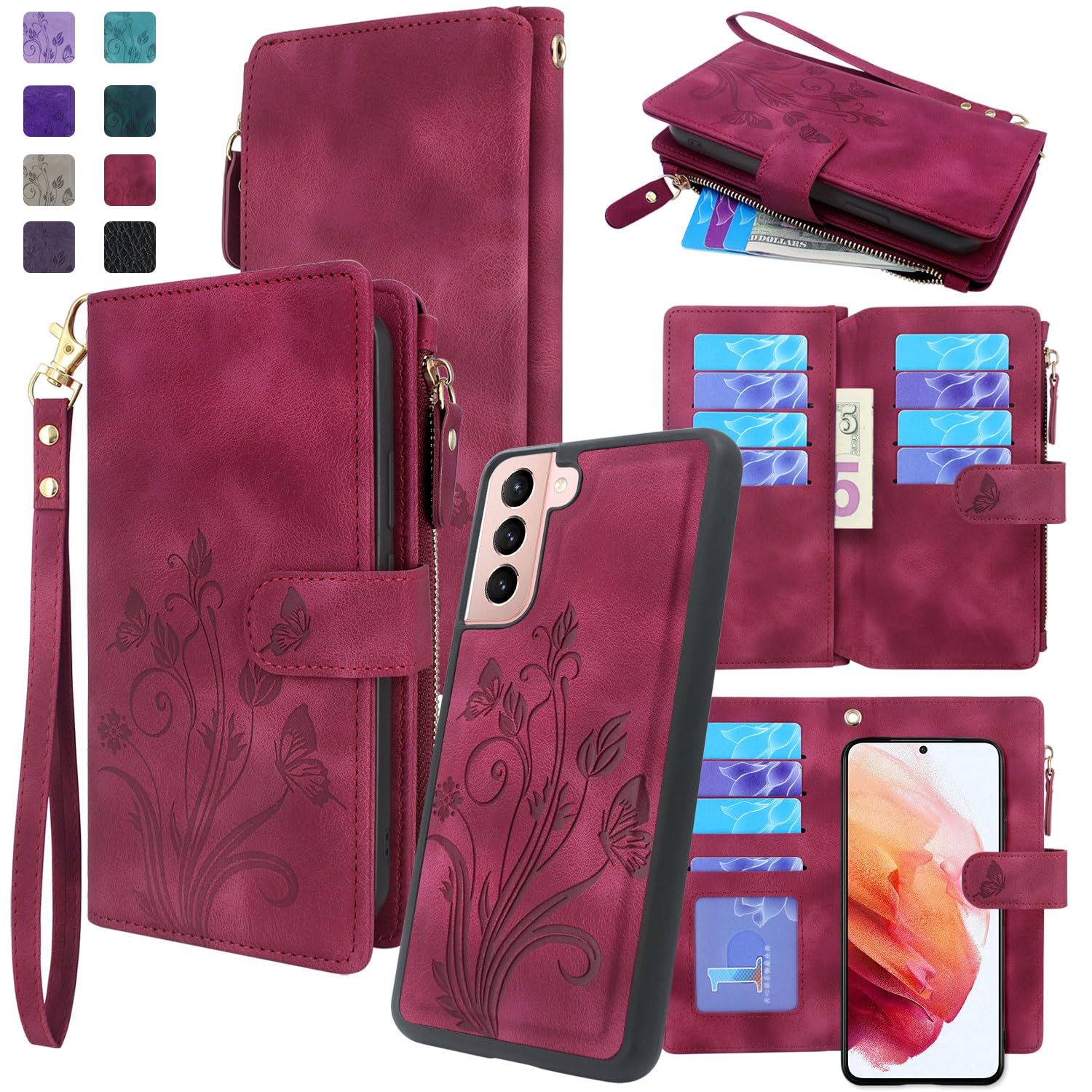 Lacass for Samsung Galaxy S21 5G G991U Case, [12 Card Slots] ID Credit Cash Holder Zipper Pocket Detachable Magnet Leather Wallet Cover with Wrist Strap Lanyard (Floral Wine Red)