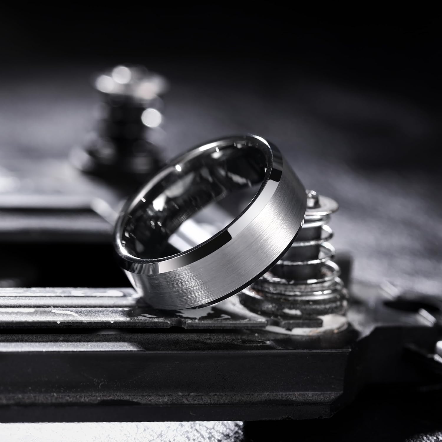 King Will Tungsten Men's Wedding Ring - Available in 6mm to 10mm, Black/Silver, Matte Finish, Beveled Polished Edge, Comfort Fit - Image 2