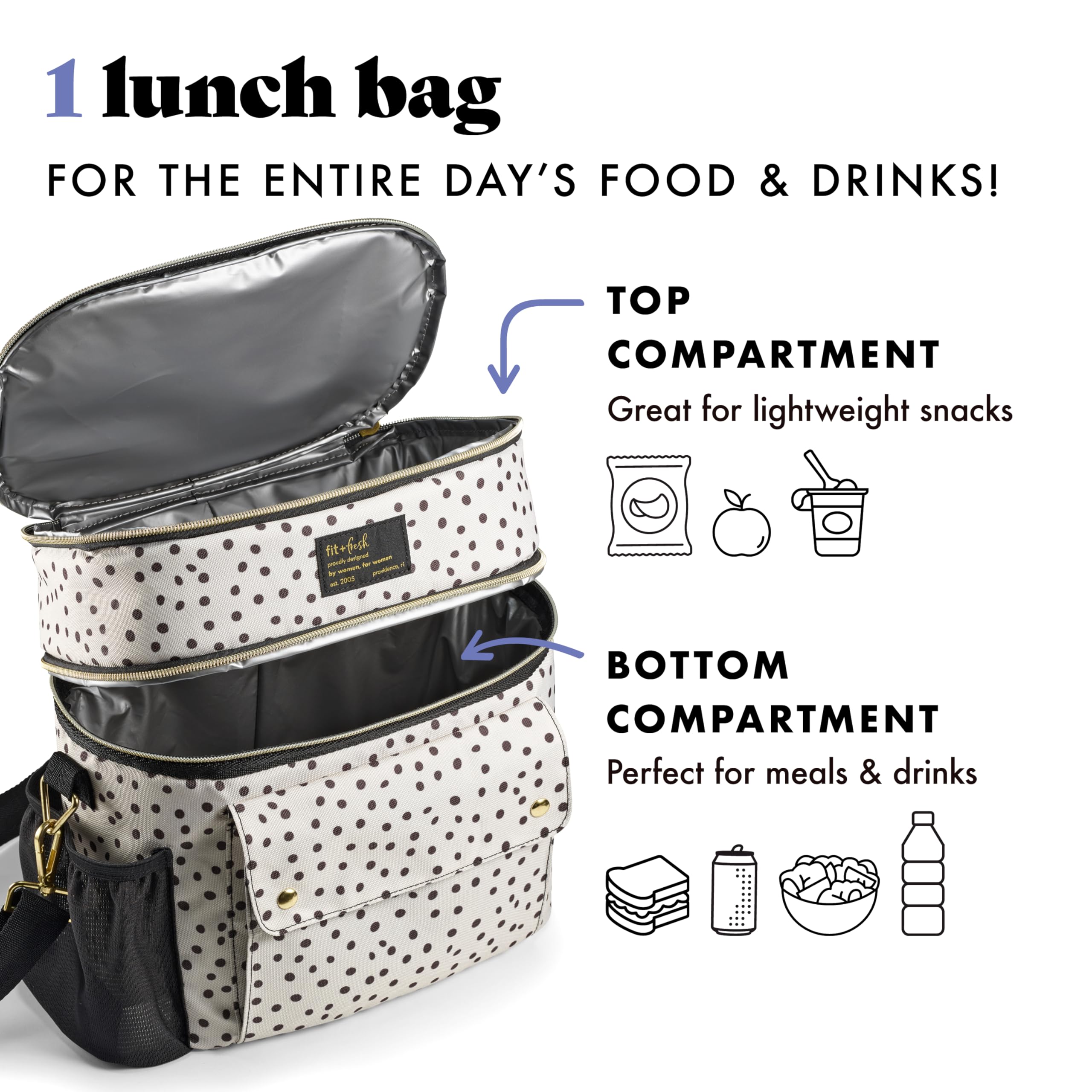 Fit & Fresh Westminster - Bolsa de almuerzo isotérmica con doble compartimento para mujer, paquete completo con 2 contenedores, bolsa isotérmica de doble compartimento con correa ajustable, lunares