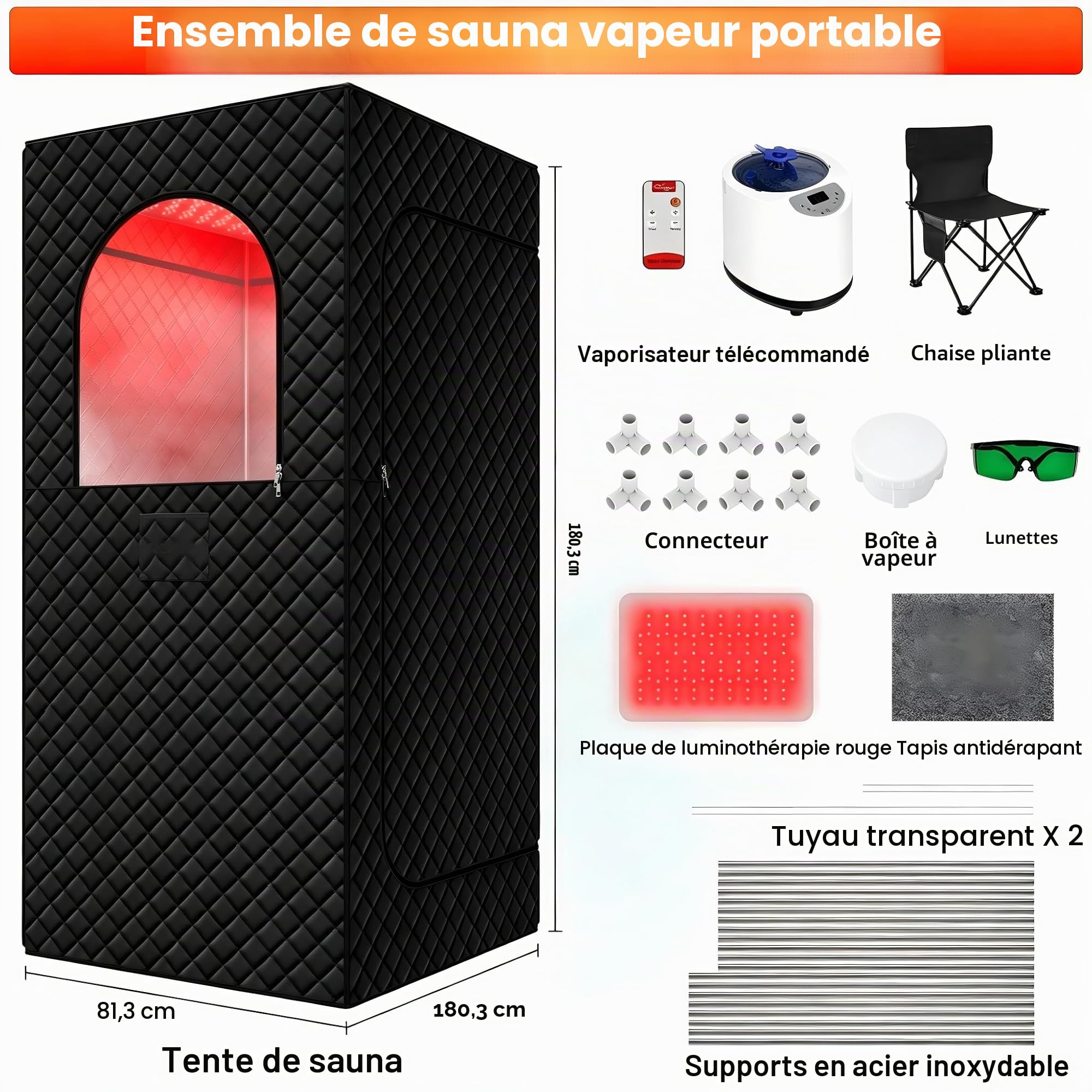 Sauna à vapeur portable infrarouge pour la maison - Générateur de vapeur pour bain de vapeur avec 660 nm Red Light Therapy, 3 l, 1200 W, chauffage rapide, générateur de vapeur avec télécommande