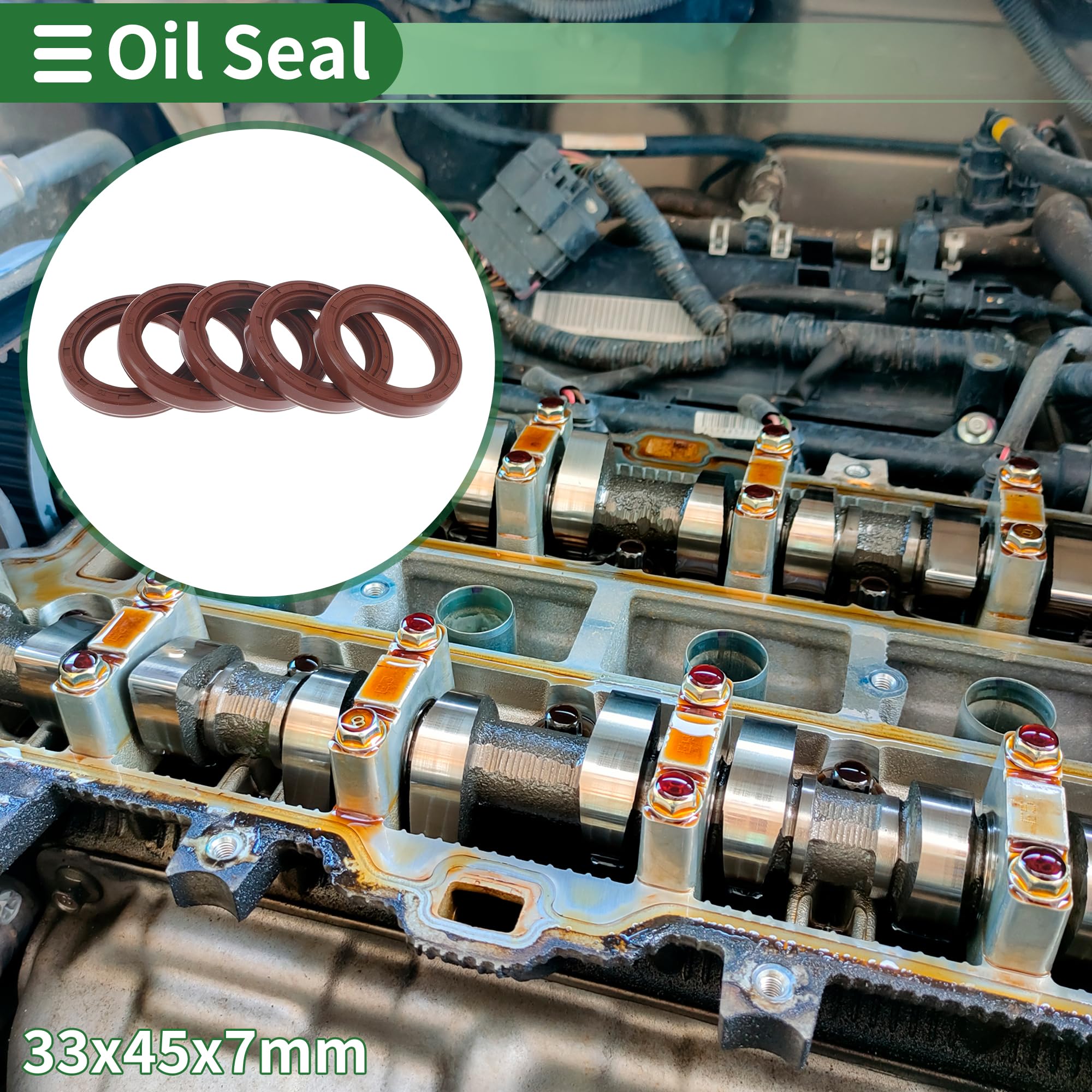 HEROFFIX Universal Oil Seal TC Double Lip W Steel Spring Seal Ring Rotary Shaft Seal 33x45x7mm High Pressure FKM Rubber Brown 5 Pcs