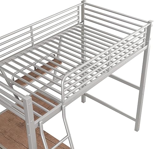 Miniatura 7 de Anwick Cama tipo loft de metal individual con escritorio y estante, resistente, ahorro de espacio, barandilla de seguridad, no necesita somier