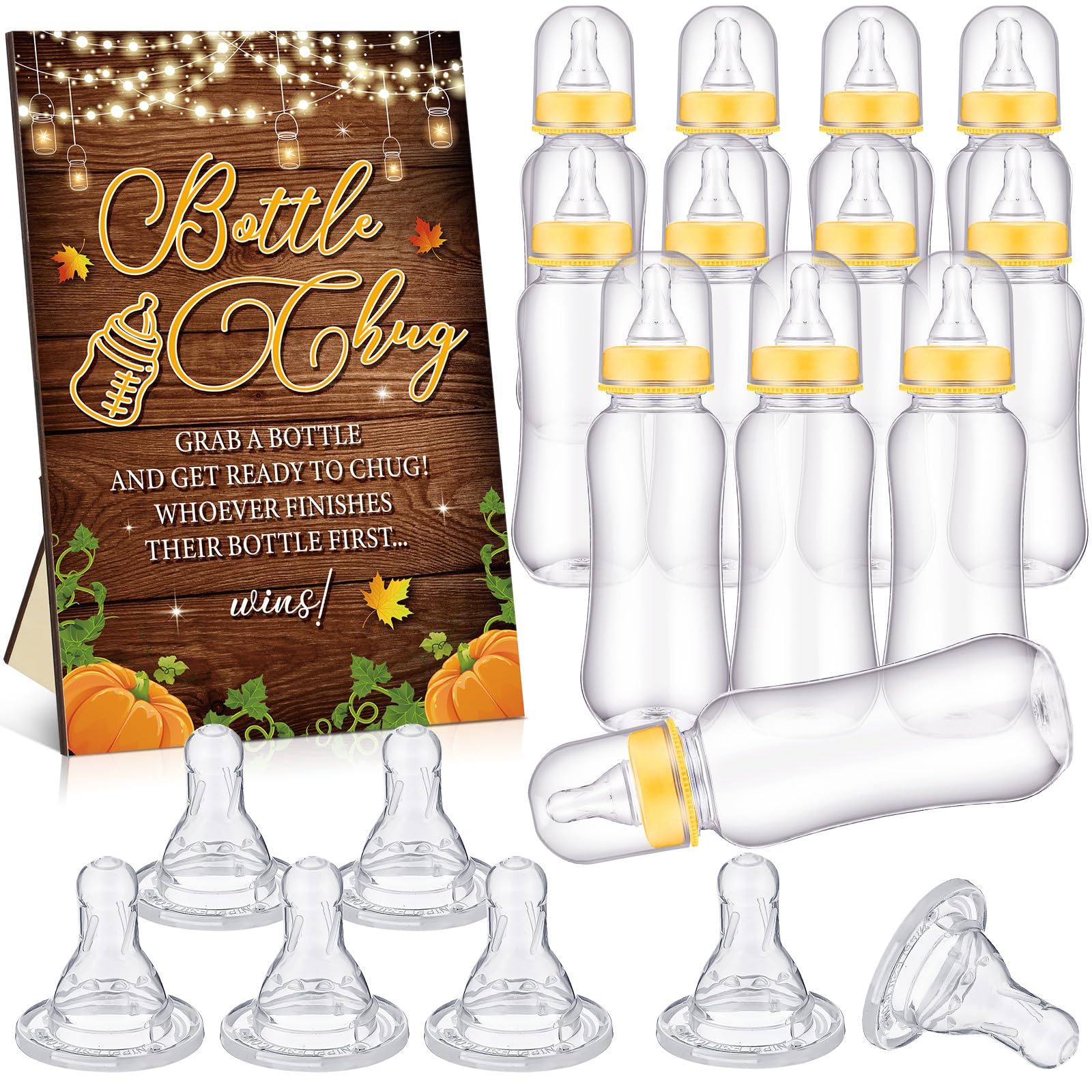 Trelaco 12 Pcs Fall Pumpkin Baby Shower Game Bottle Chug Wooden Sign Set