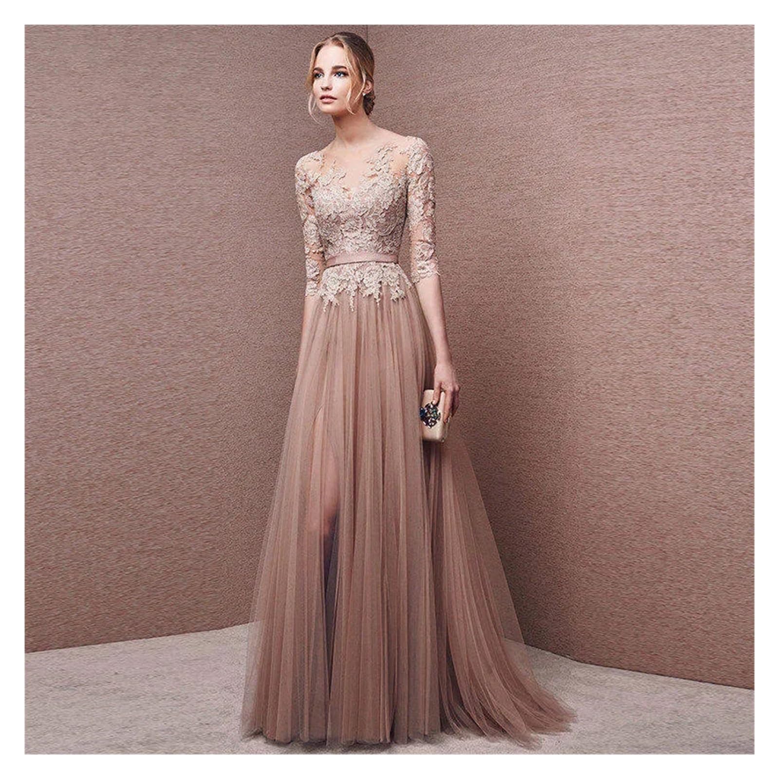 Vestiti Cerimonia Donna Eleganti Abiti Da Damigella D'onore Lunghi Eleganti In Tulle Rosa Blu Con Applicazioni In Pizzo E Mezza Manica, Abiti Da Ballo For Feste Serali Con Spacco Alto(Pink,12)