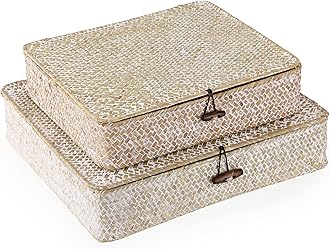 Hipiwe Set of 2 Flat Woven Wicker Storage Bins with Lid Natural Seagrass Basket Boxes Multipurpose Home Organizer Bins Boxes for Shelf Organizer (Whitewash)