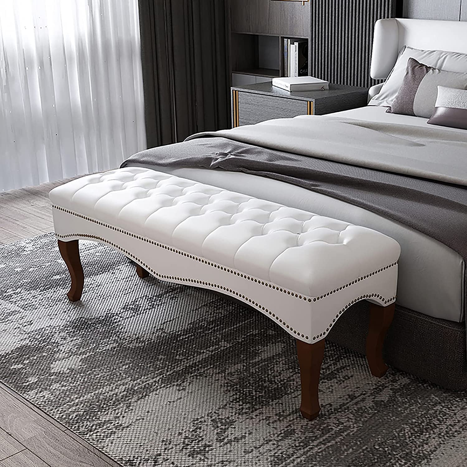 Banc de lit en cuir blanc de 35 cm avec des pieds solides en bois