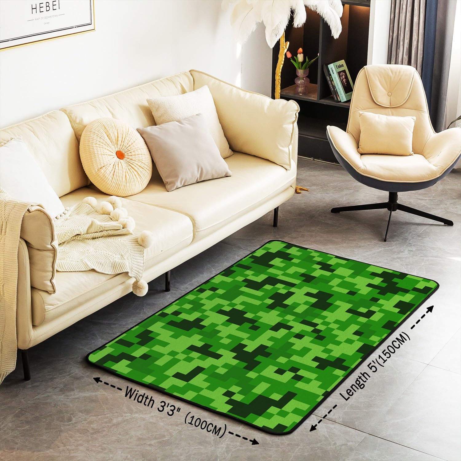 Manfei Miners Pixel Spiele Bereich Teppiche,Grünes Pixelgitter Rutschfester Teppich Videospiele Indoor Fußbodenmatte Home Wohnzimmer Dekor,100 x 150 cm