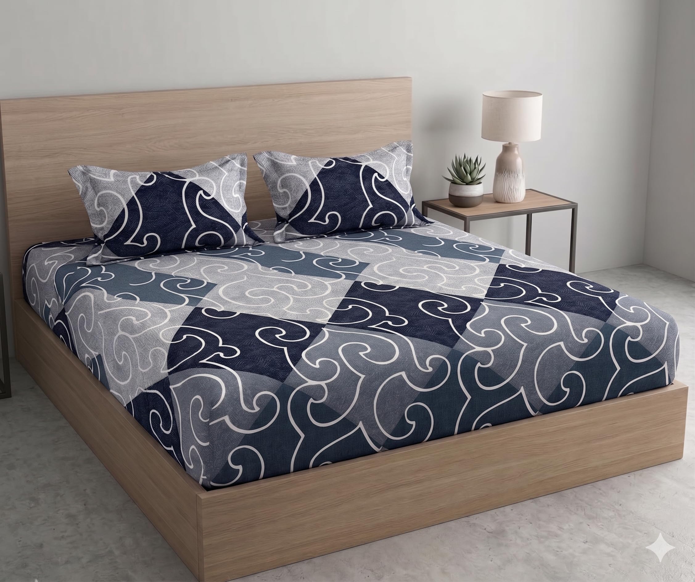 DECOMIZER Cotton Feel All Around Elastic Fitted Glace Printed Queen Size Double Bed Bedsheet with 2 Large Pillow Covers Fits Upto Mattress of 8 Inches,Size - 60 x 78 x 10 Inches, Big Box Blue