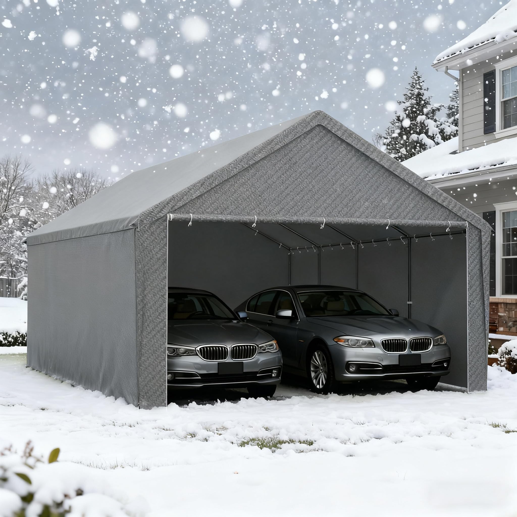 SUBTLETY Carport 4x8m Garagenzelt Winterfest mit PE Plane Wasserdicht, Zeltgarage Winterfest, Mobile Zeltgaragen Wasserdicht Mit Hagel Und Staub, Lagerzelt Stabil Lagerzelt Für Auto, SUV, Boot (Grau)