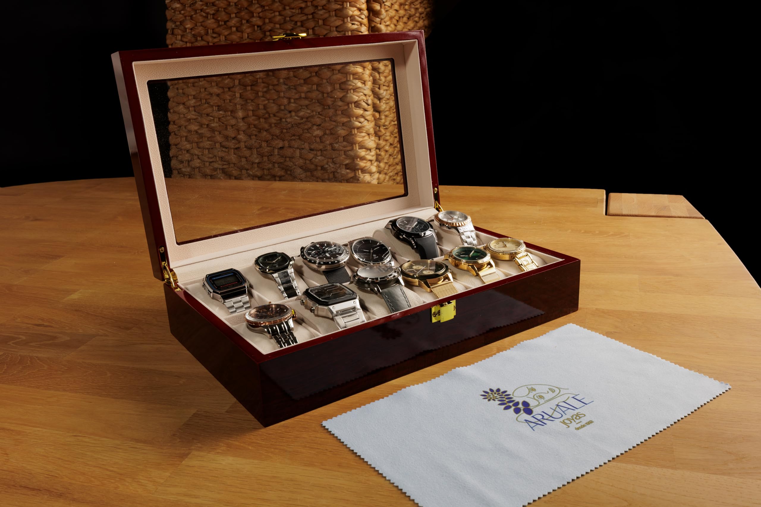 Caja Organizadora para Relojes de Madera Roja con Tapa de Cristal Templado, 12 Compartimentos con Interior de Ante Sintético, Incluye Gamuza Limpiadora. Ideal Para Regalo