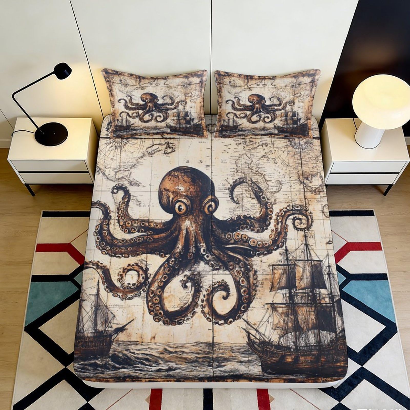3D Printed Vintage Octopus Fitted Sheet Microfiber Nautical Map Bed Cover Non-Slip Machine Washable for Bedroom Decor 200x200x25cm