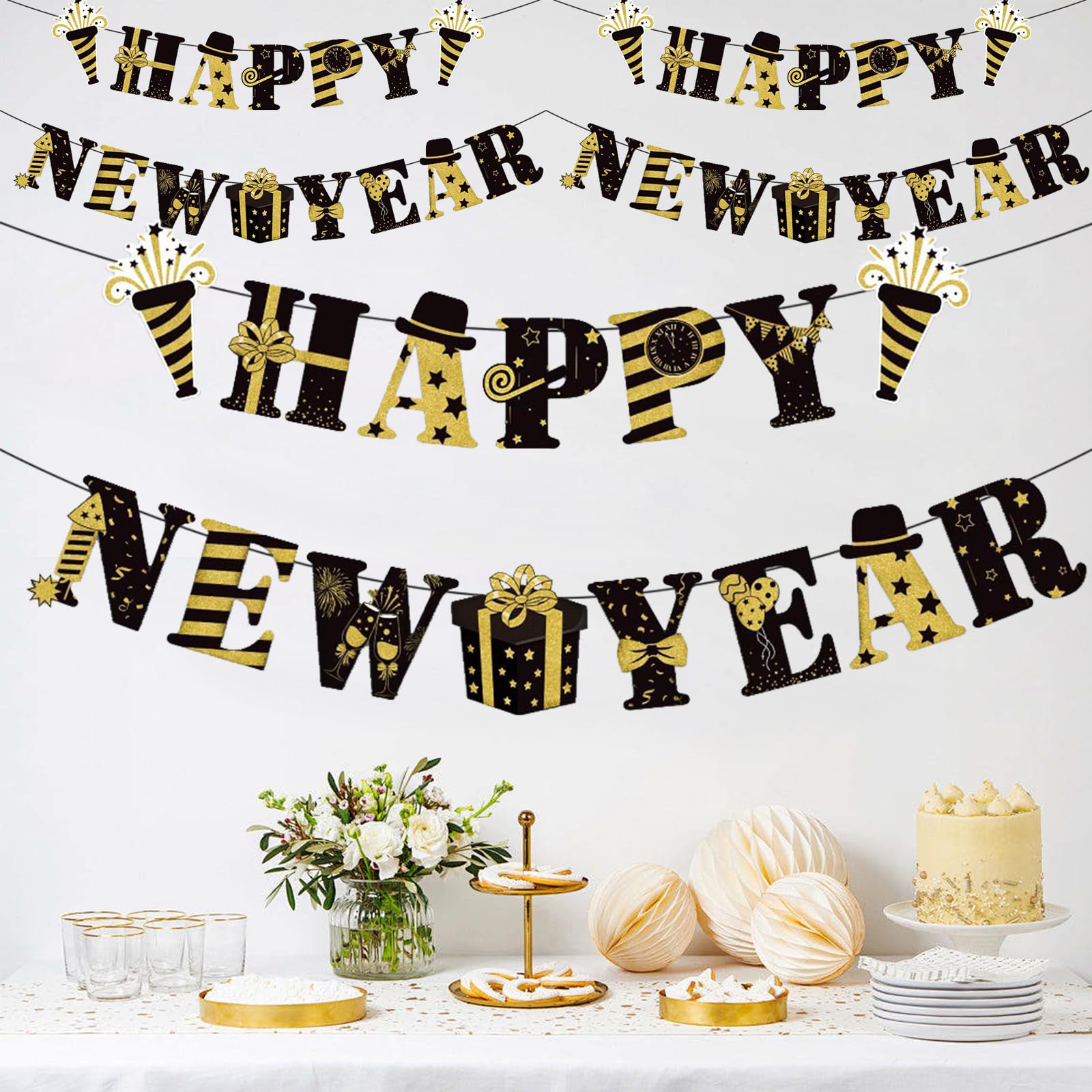 XNFUOE New Year Eve Party Supplies Black Gold Happy New Year Banner Countdown Banner for Home Holiday Decorations - Image 3
