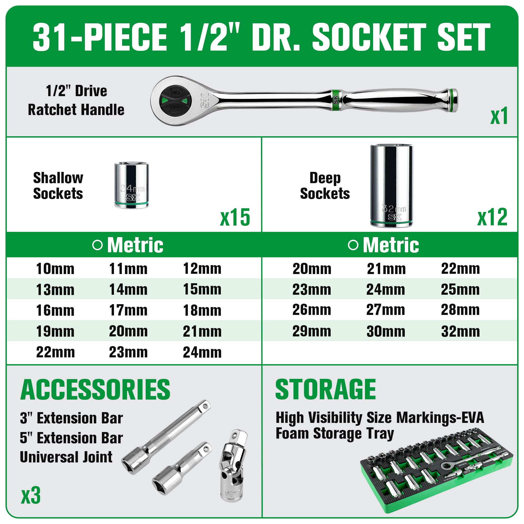 SK Set di chiavi a bussola da 1/2" con cricchetto 160-P, 31 pezzi, metrico, preminum CR-V, con organizer per attrezzi in schiuma EVA