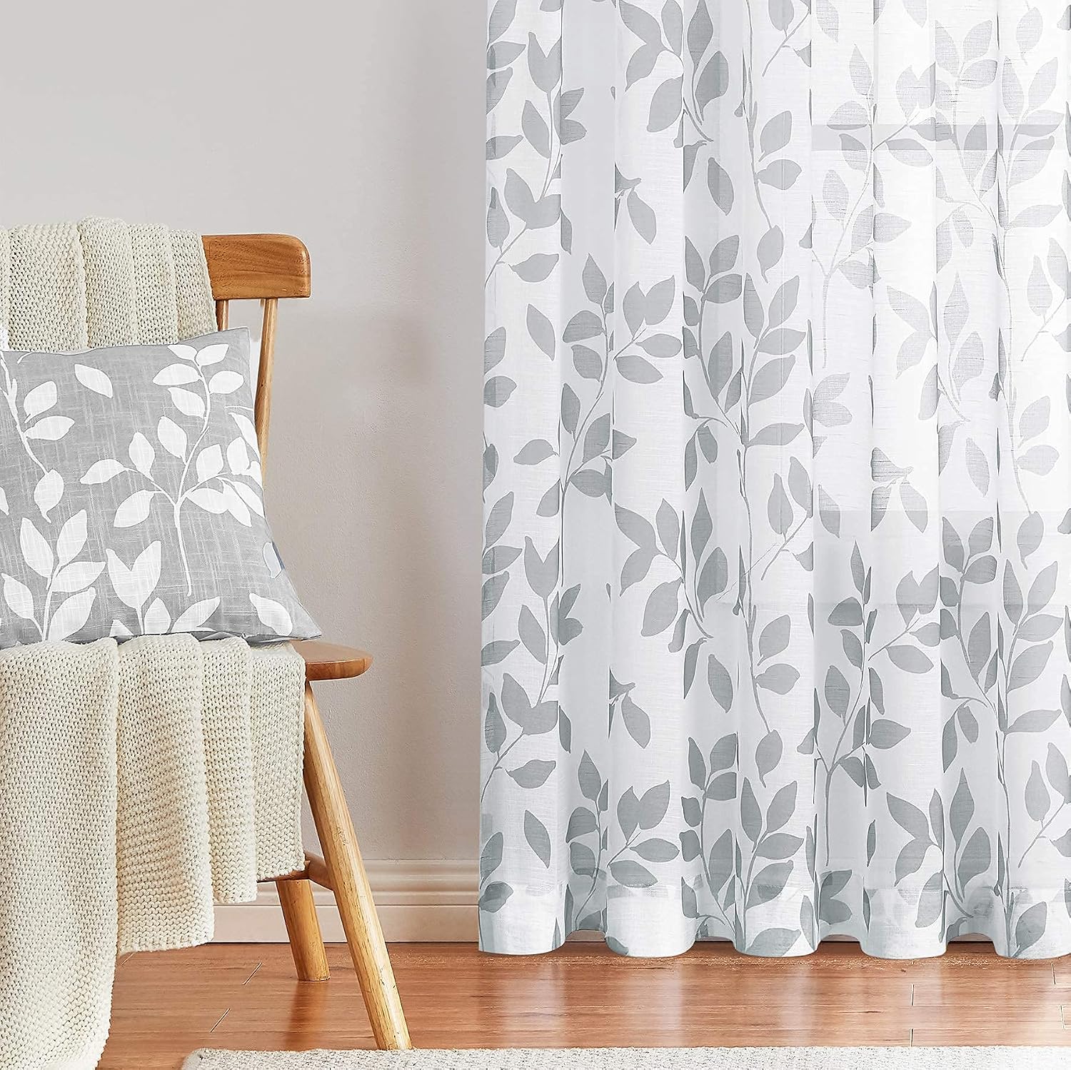 Grey White Sheer Curtains for Bedroom 72 Inches Light Filtering Farmhouse Gray Leaf Print Window Treatment Sets for Living Room Botanical Linen Textured Eyelet Curtains Drapes - Image 4