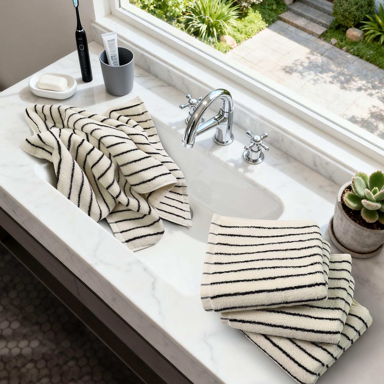 Jacquotha Hand Towels 4 Pack, Cotton Face Towels for Bathroom & Spa Days, Decorative Black Stripes for Kitchen Decor, 14” x 29” - Image 2