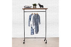 Industrial Pipe Rolling Clothing Rack with Wood Top Shelving