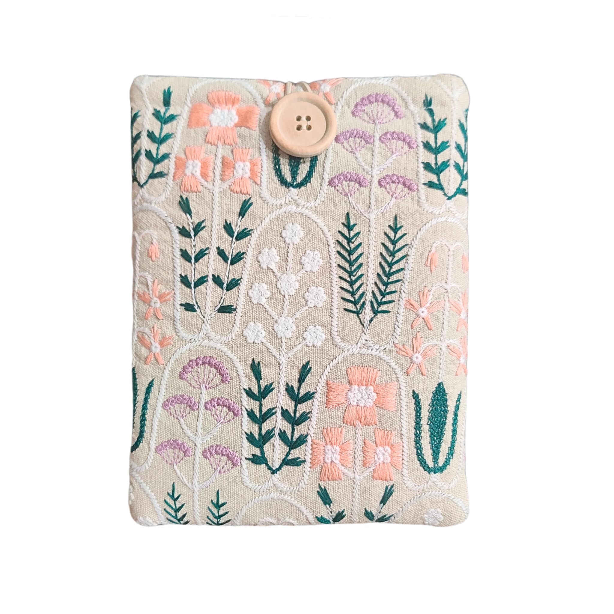 Embroidered Floral E-Reader Sleeve - Compatible with Kindle Paperwhite/Basic (6''), Paperwhite (6.8'') & (7''), Kobo Clara - Linen and Cotton Padded