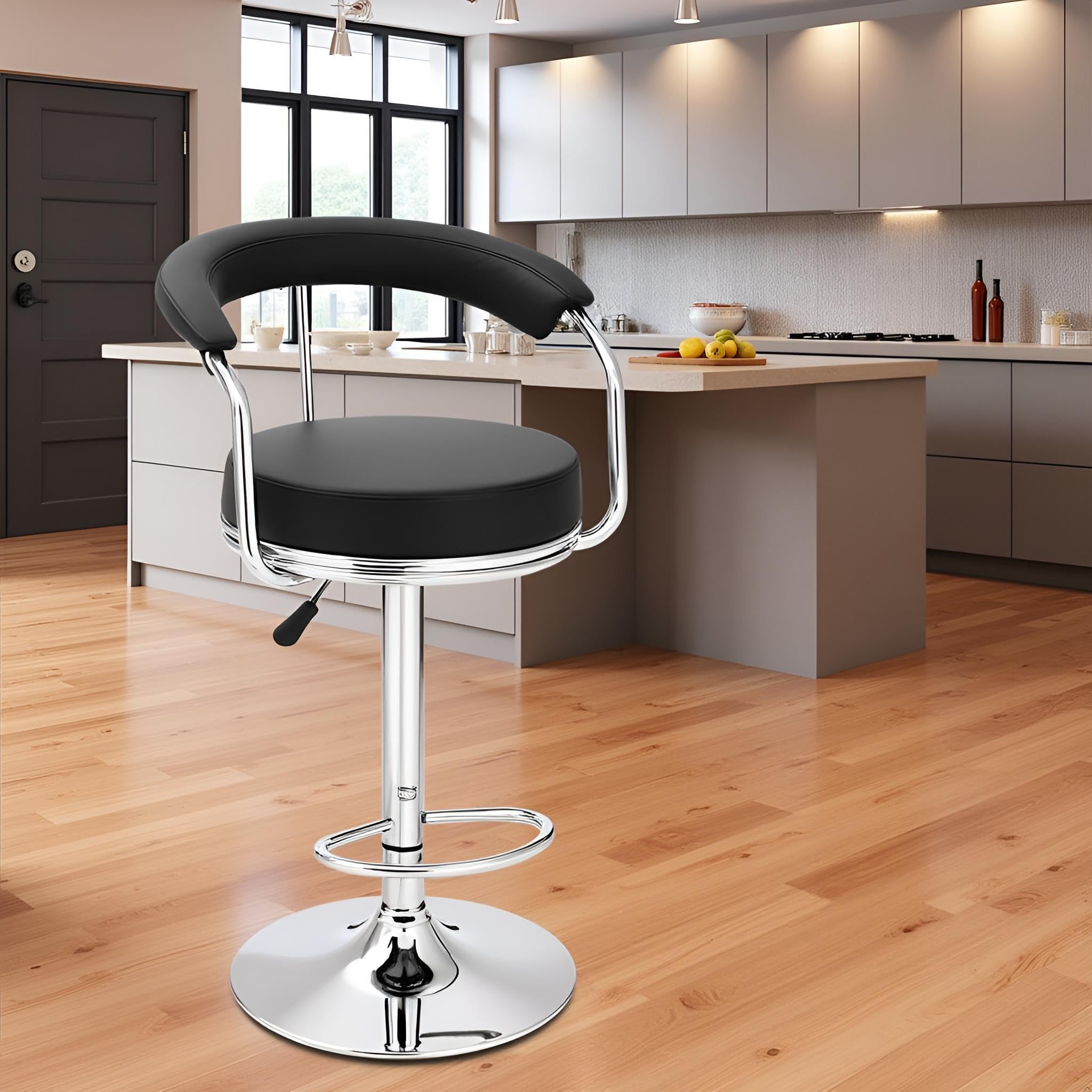 adjustable height bar chair | kitchen counter swivel bar stool with leatherette cushion | black