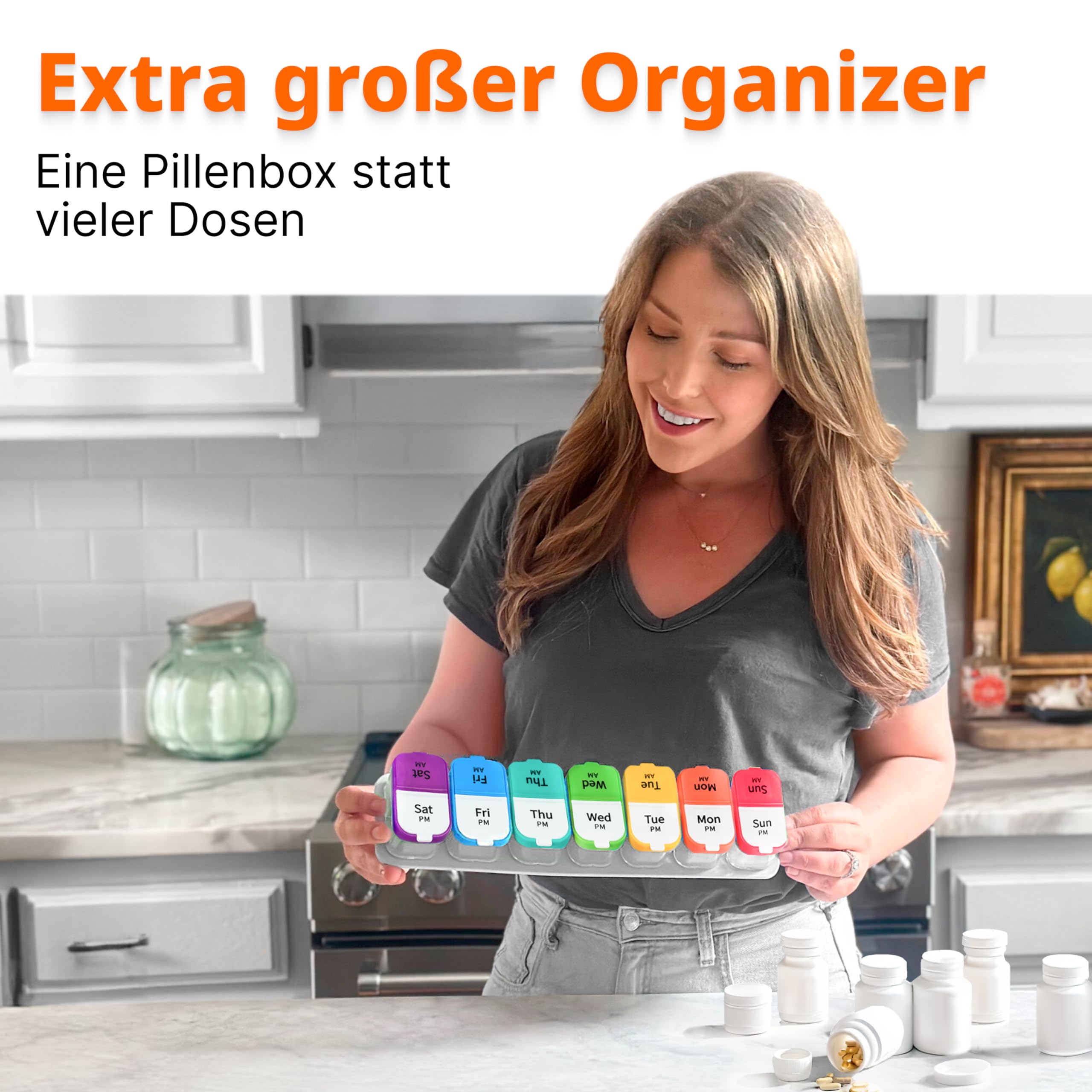 Extra große Tablettenbox 7 Tage morgens abends - XXL Wochen Pillendose - übergroße Medikamentenbox für eine Woche Tabletten Organizer mit großen herausnehmbaren Tagesfächern Pillendose 2 Fächer