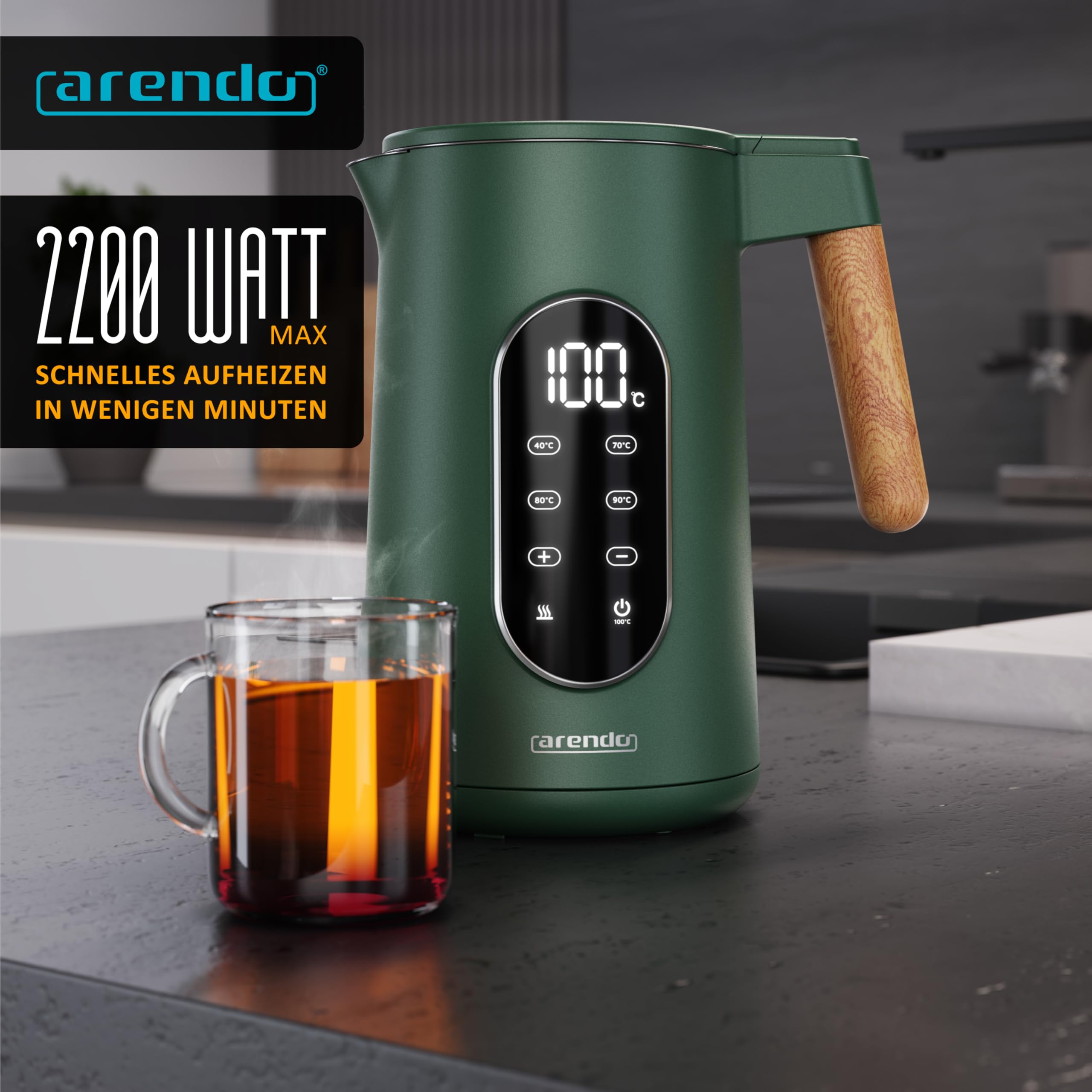 Arendo - Edelstahl Wasserkocher mit Temperatureinstellung 40-100°C - Doppelwand Design Cool Touch - Display im Gehäuse - Kabellos - 2200 W - 1,7L – Überhitzungsschutz – Warmhaltefunktion - BPA-frei