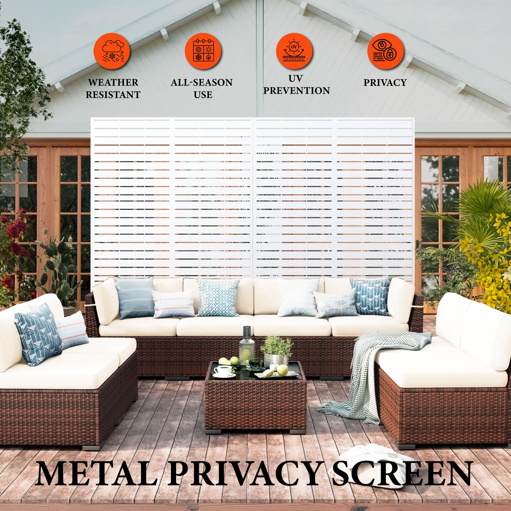 Towallmark Sichtschutz aus Metall freistehend, 183 x 119 cm, Dekorative Sichtschutzwand für Garten, Terrasse & Pool, Wetterfest & Einfache Montage, weiß