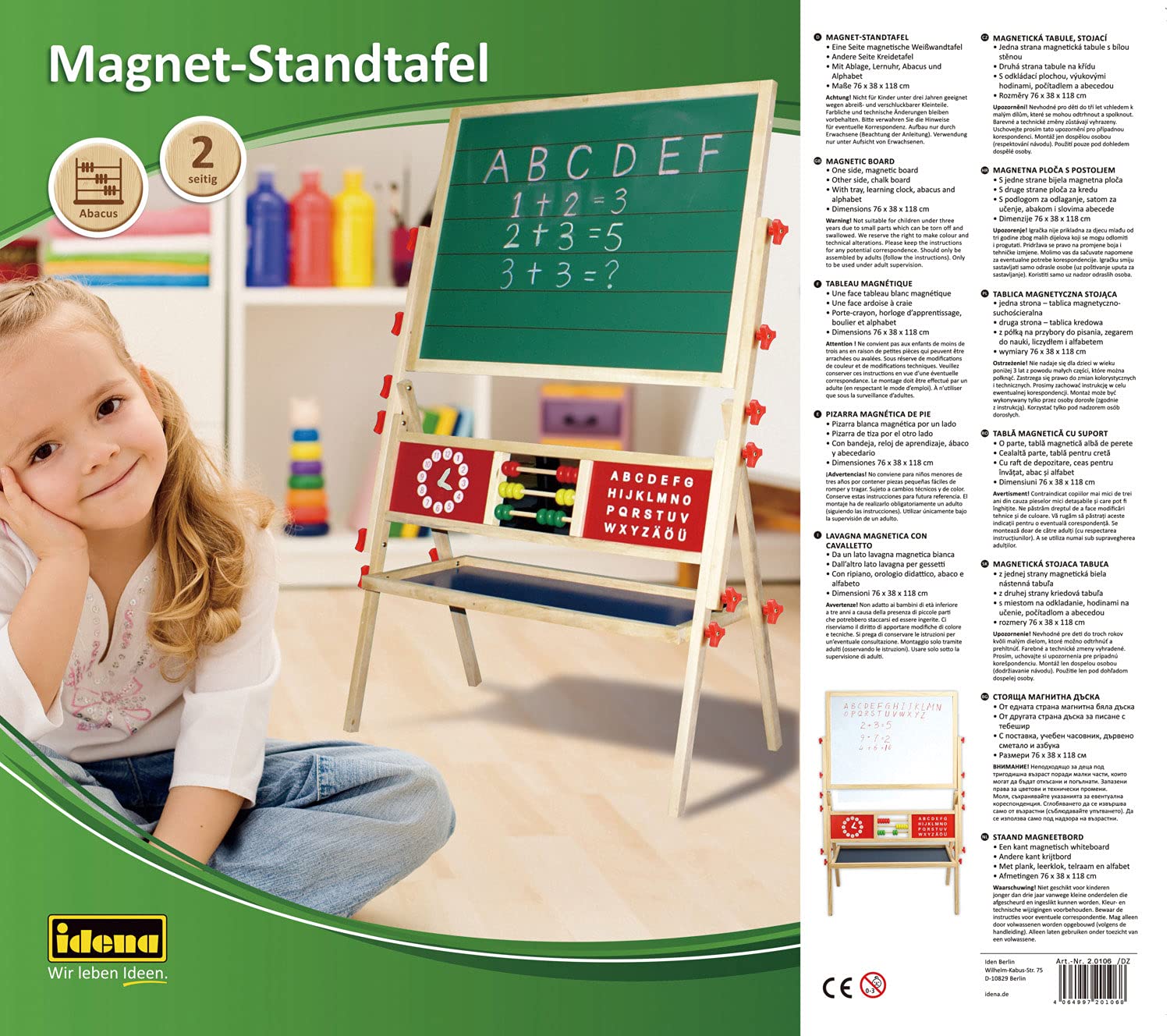 Idena 20106 - Magnet-Standtafel mit Ablage, 2 seitig mit Kreidetafel und Whiteboard, ca. 76 x 38 x 118 cm groß, zum Malen, Schreiben und Rechnen