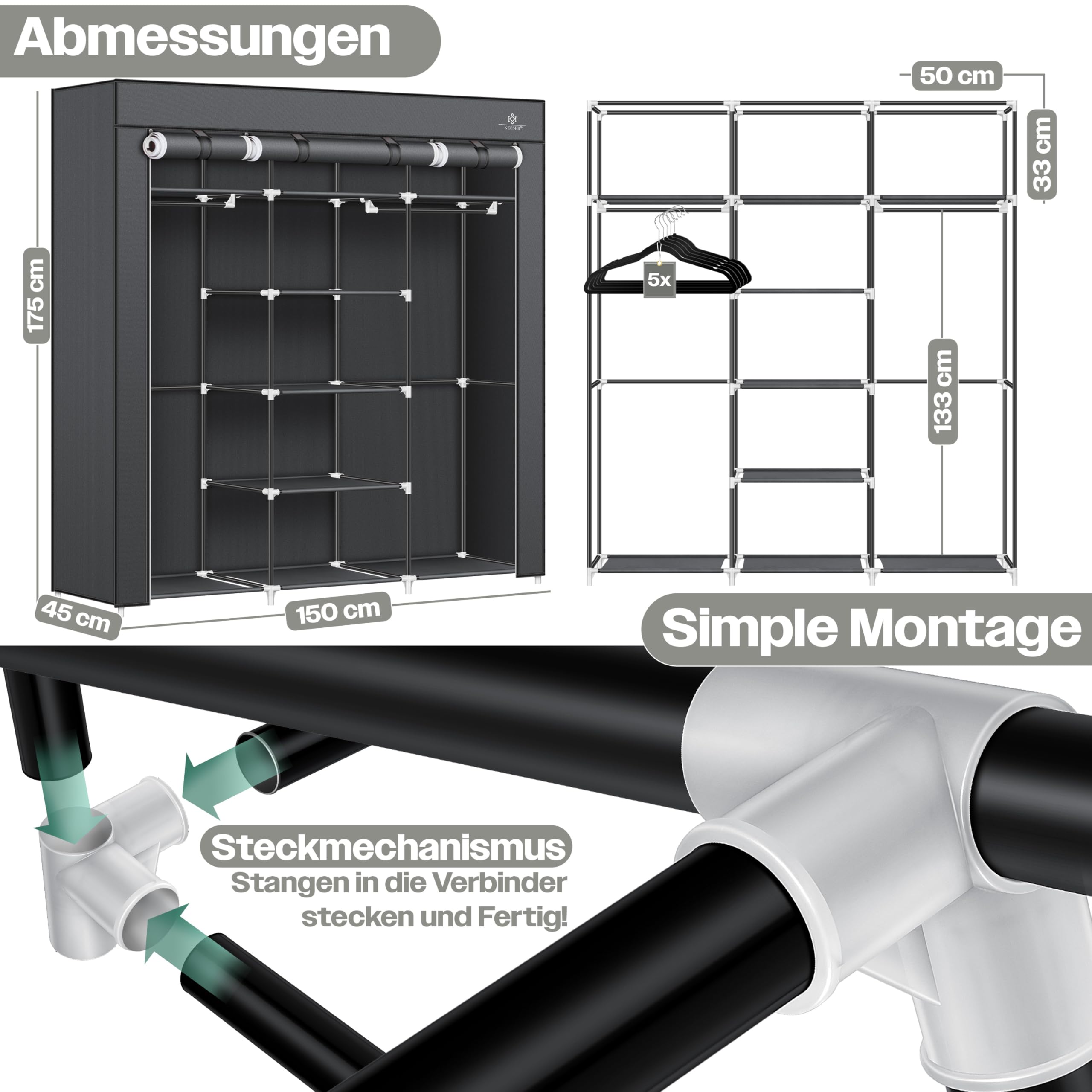KESSER® Kleiderschrank Stoffschrank Stabil mit Kleiderstange & Ablagen, Inkl. 5X Kleiderbügel, Stoff Faltschrank für Schlafzimmer, Ankleidezimmer Garderobe mit Kleiderständer 150x45x175cm Anthrazit