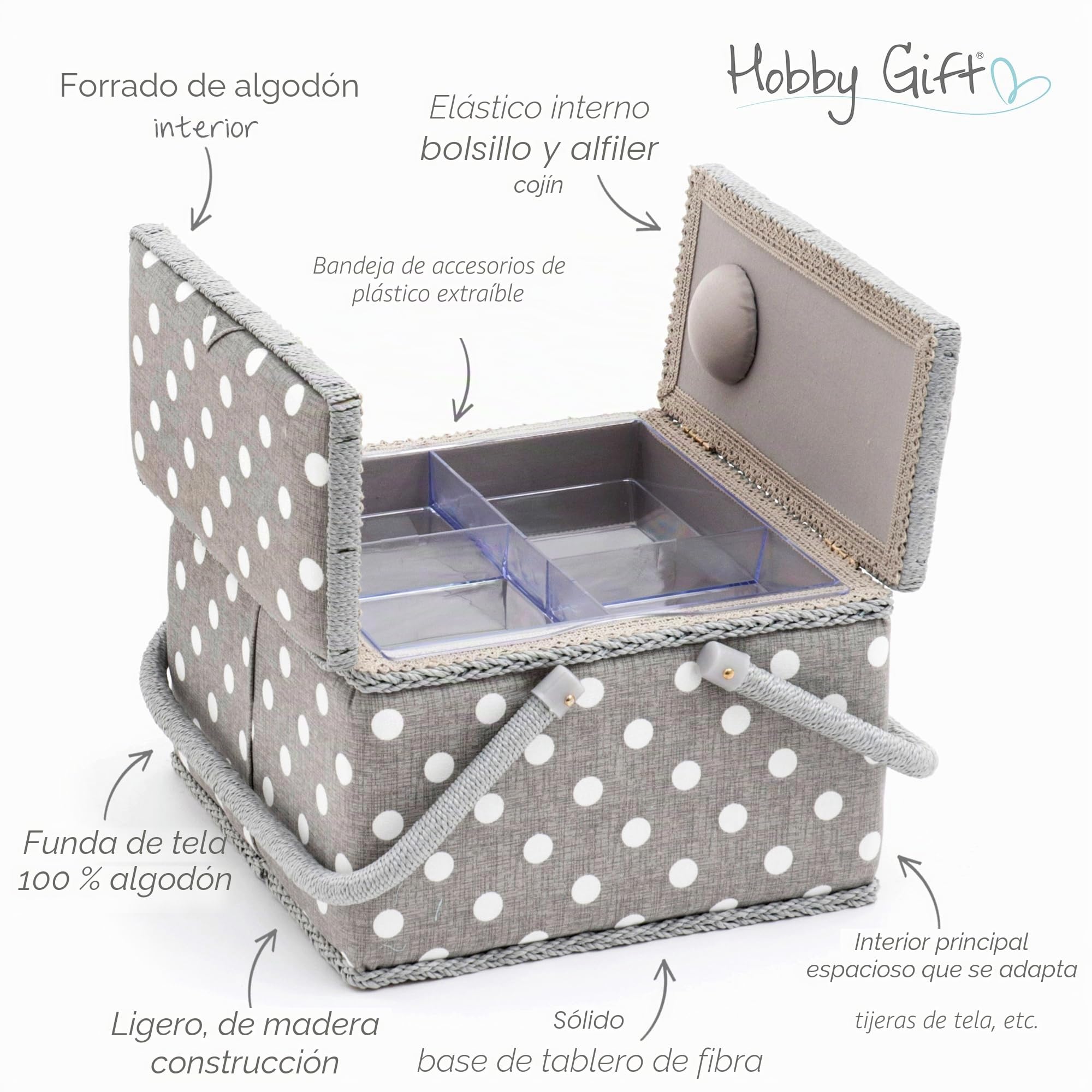 Hobby Gift Caja de Costura Grande con Doble Tapa y Asa, Cesta de Algodón con Compartimentos para Herramientas, 25 x 25 x 17 cm, Lunares Gris