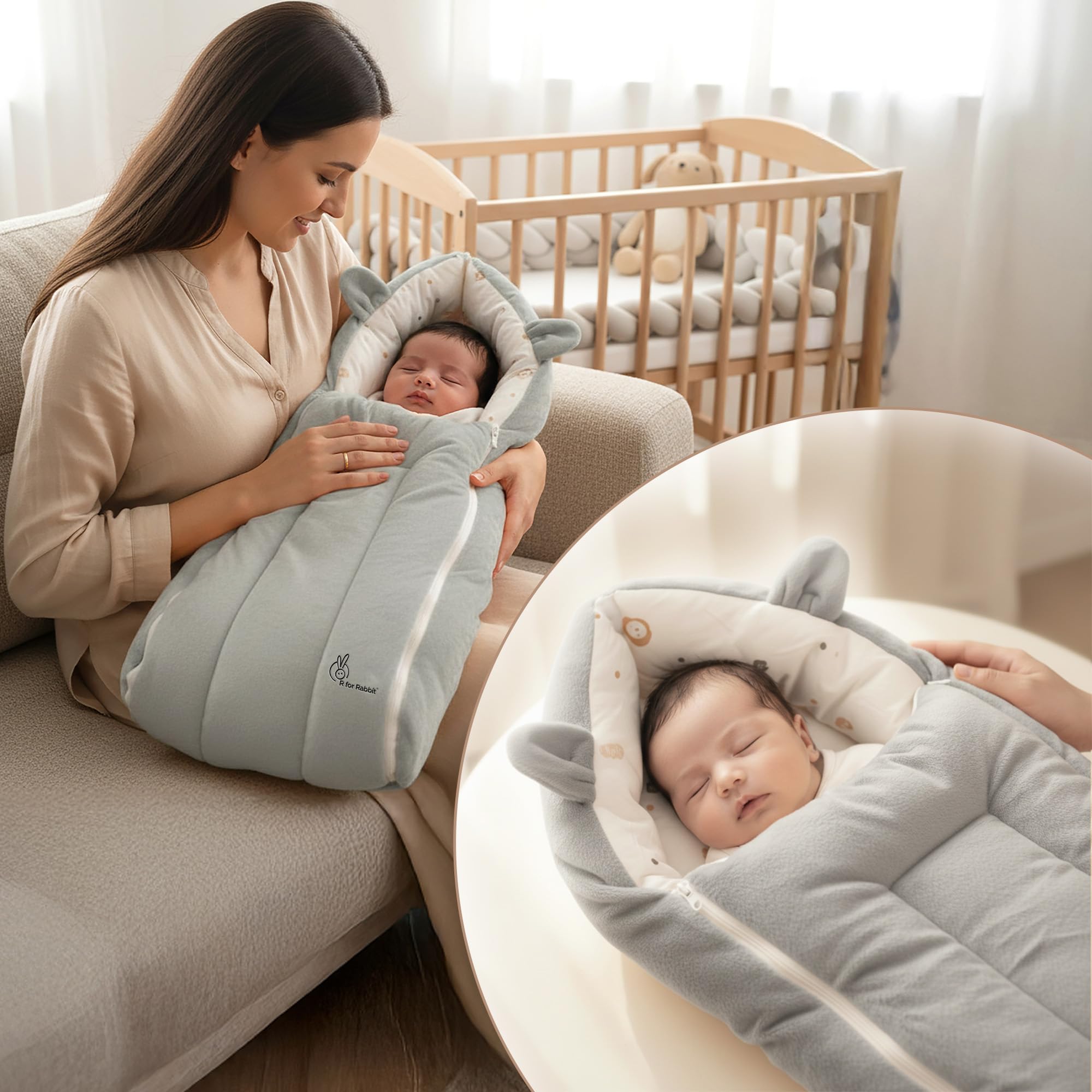 R for Rabbit Snuggy Cucoon Baby Sleeping Bag Bedding Set Ultra-Soft Fleece Outer Layer with 100% Cotton Inner Fabric Dual Zipper Multipurpose Travel Friendly for 0-6 Months New Born Baby(Teddy Grey)-image-40