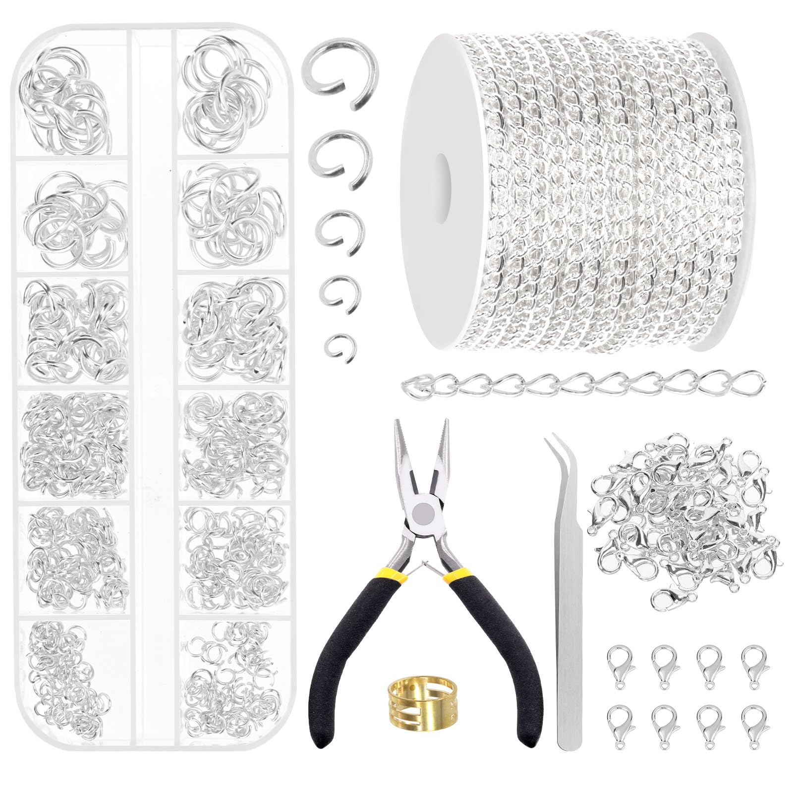 Glarks 504Pcs 30 Feet Jewelry Chains Set, Silver Necklace Chains Unwelded Decorative Chain Link with 400Pcs Jump Rings 100Pcs Lobster Clasps for Bracelet Necklace Jewelry Making