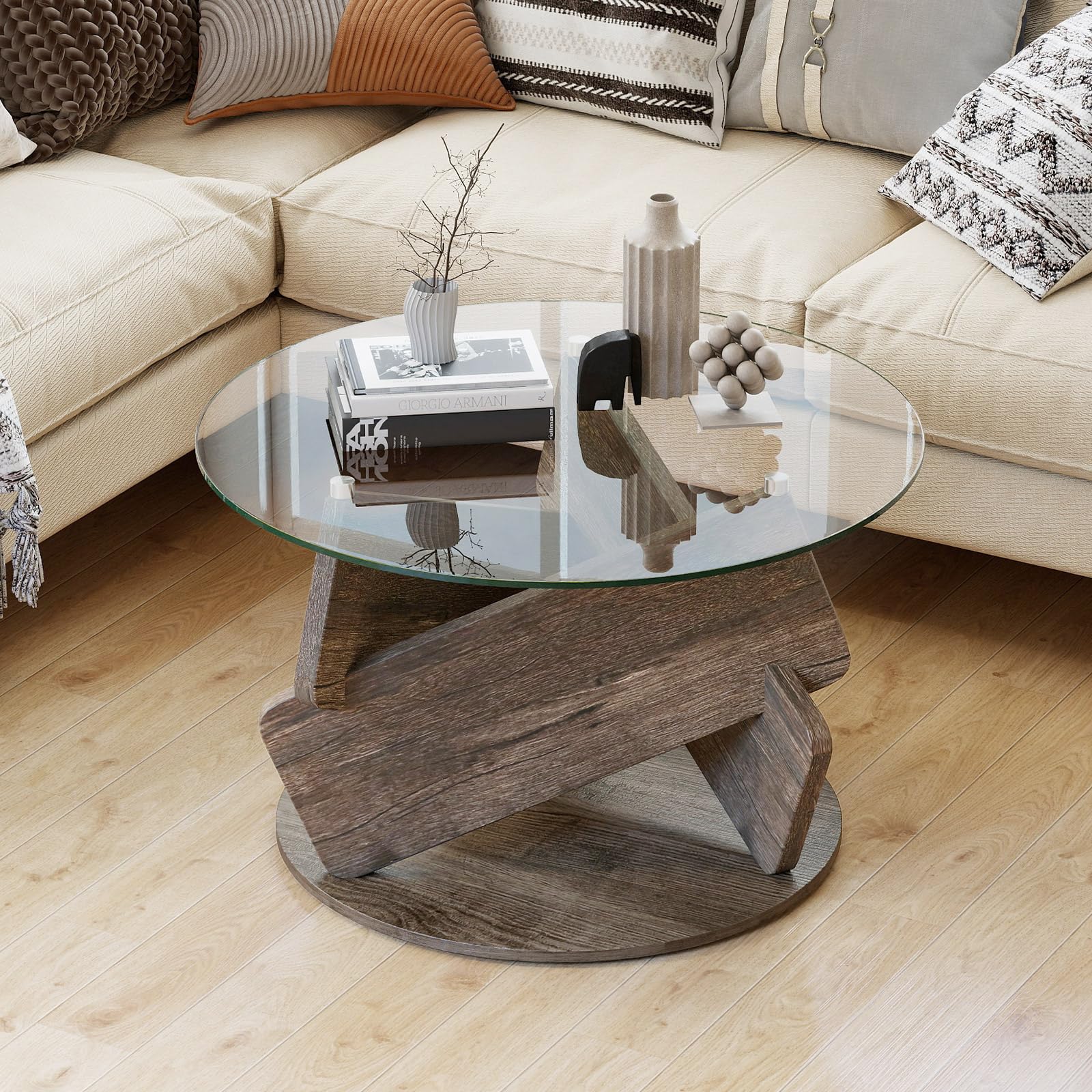 COSTWAY Table Basse Ronde en Verre, 81x 81 cm, Base en Caoutchouc, Style Rustique, Table de Salon pour Petit Espace, Bureau