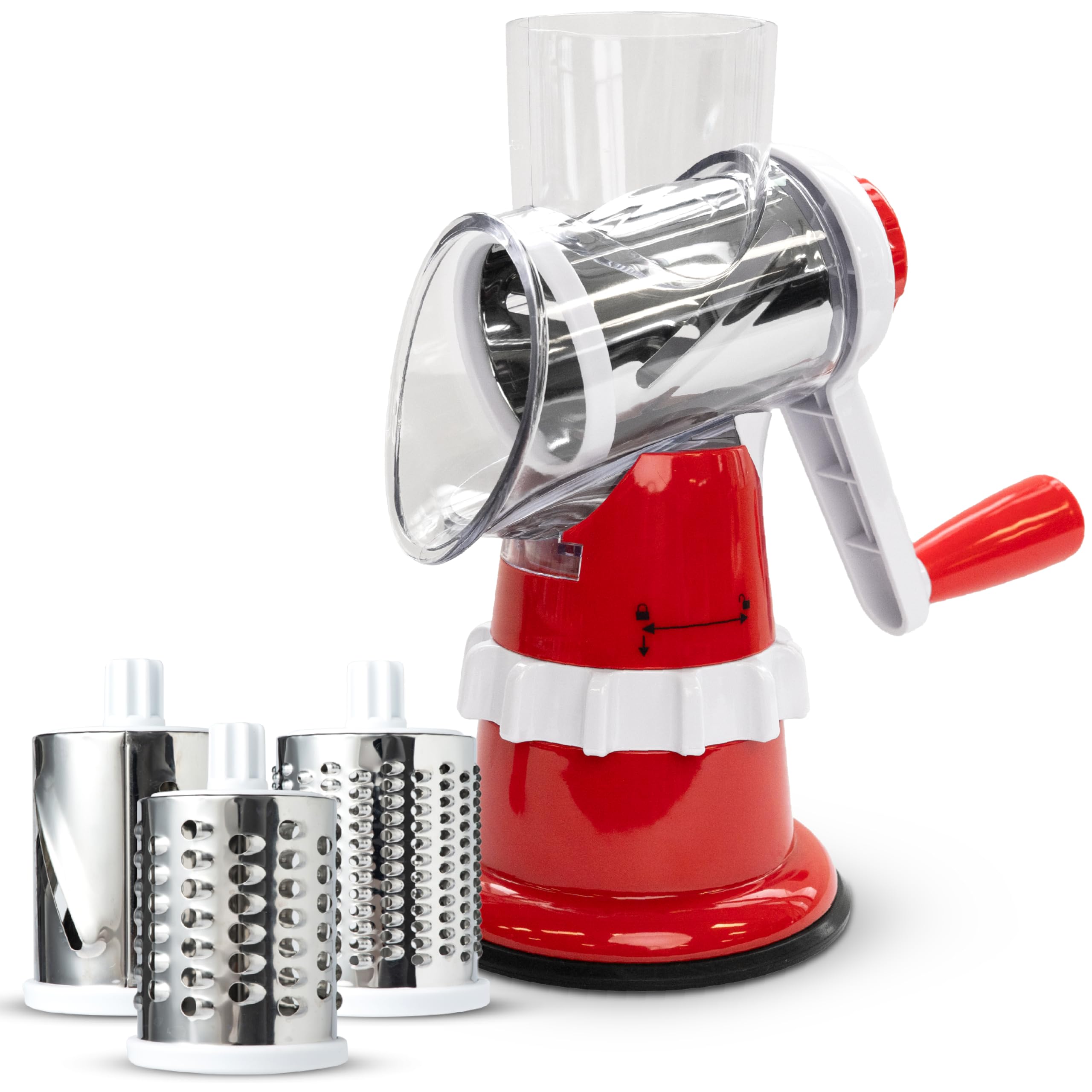 Merlin Multi-Slice Rotary Cheese Grater (Red) - 3 Interchangeable Drums, BPA-Free, Dishwasher Safe - Designed to Slice, Shred and Grate Vegetables, Cheeses and Meats - Graters for The Kitchen
